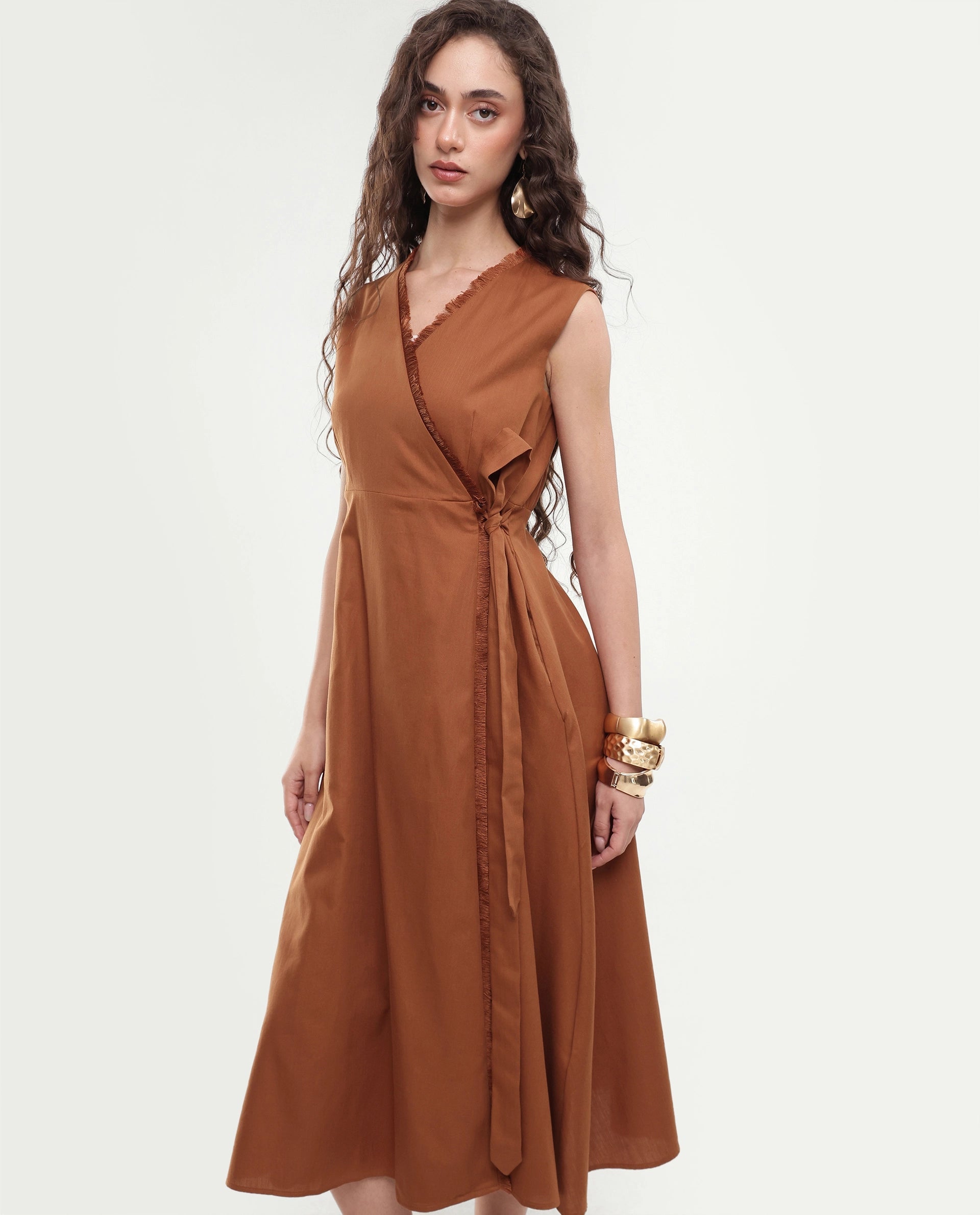 Rareism Women's Fringet Dark Mustard Plain Cotton Wrap Sleeveless Dress