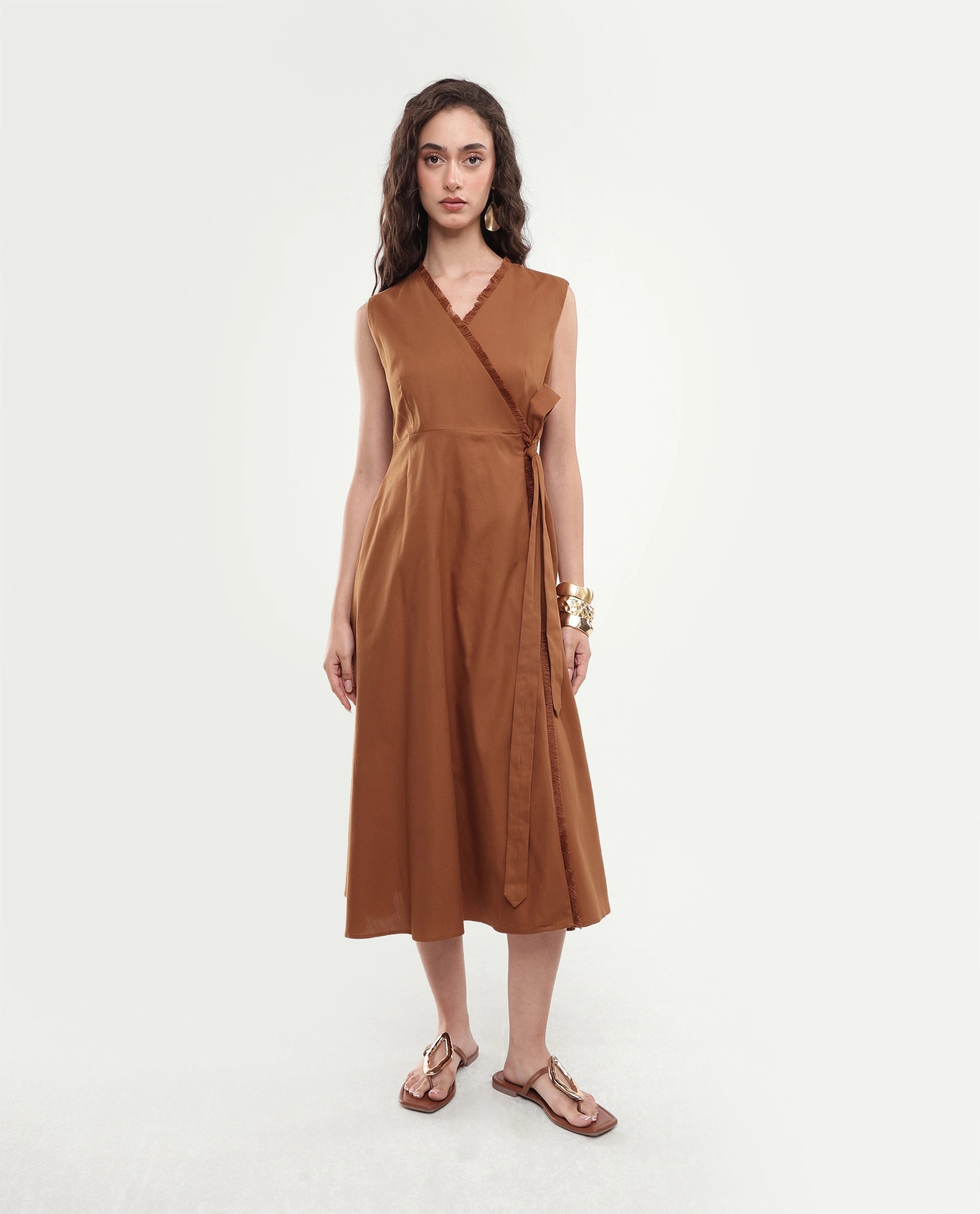Rareism Women's Fringet Dark Mustard Plain Cotton Wrap Sleeveless Dress