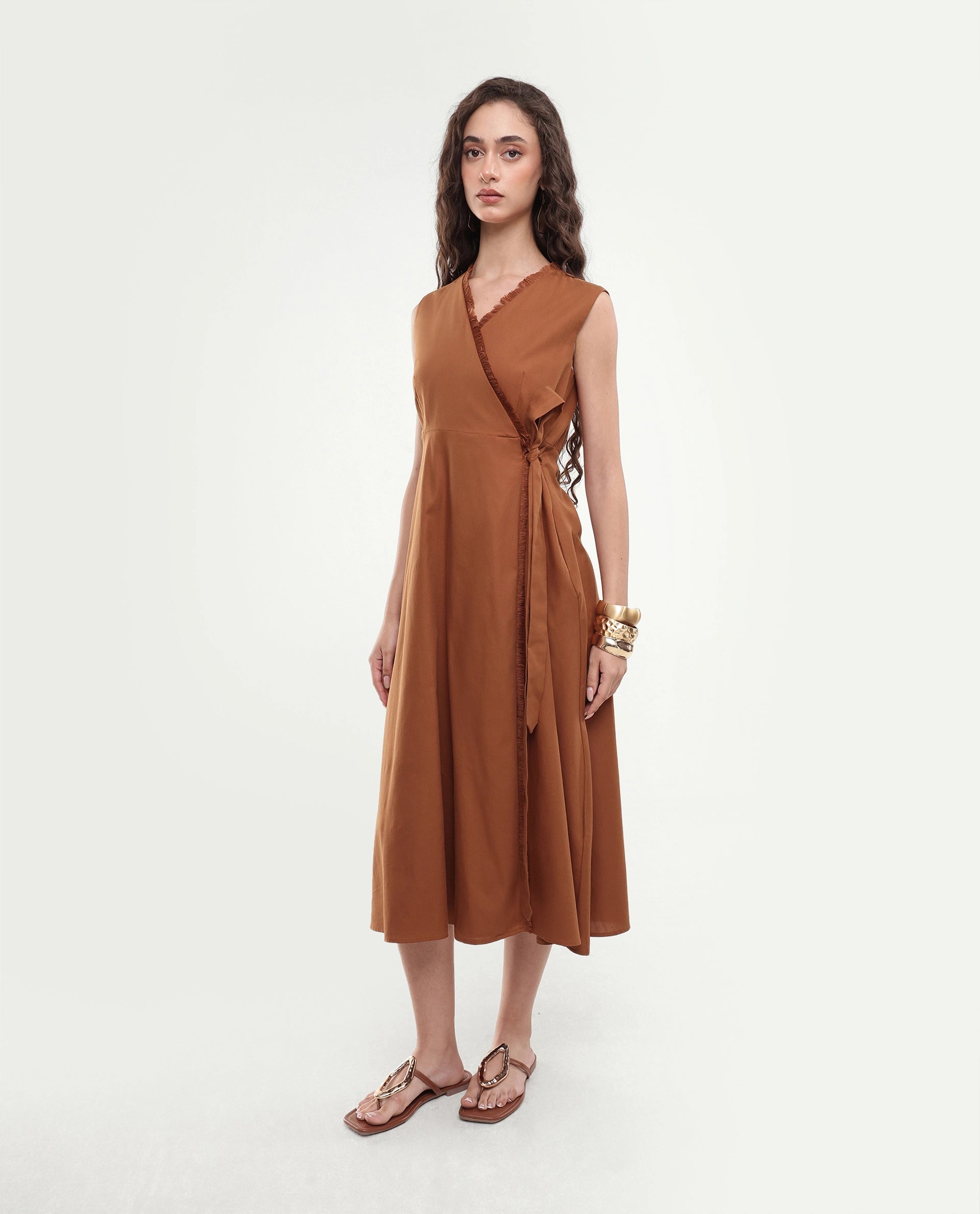 Rareism Women's Fringet Dark Mustard Plain Cotton Wrap Sleeveless Dress