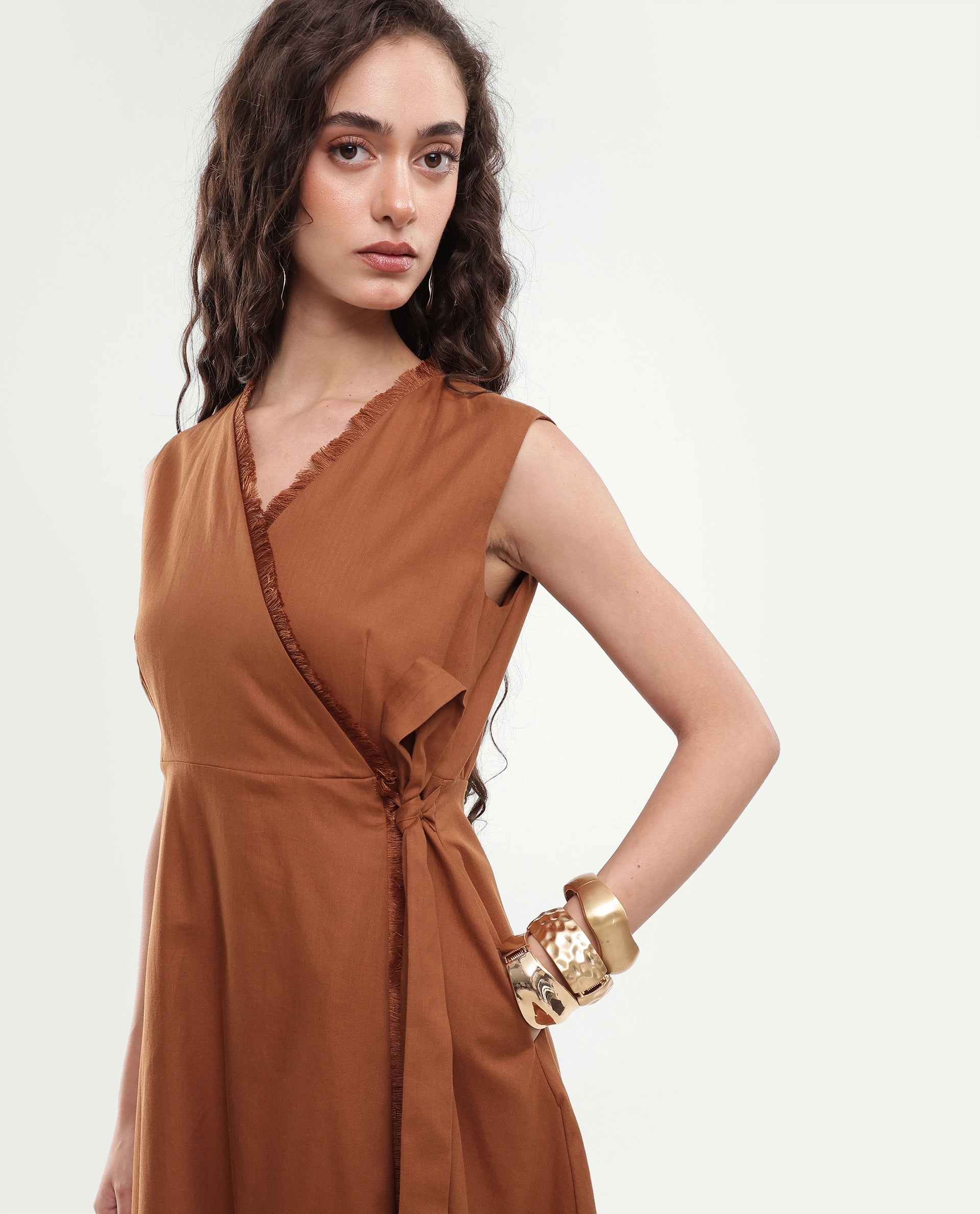 Rareism Women's Fringet Dark Mustard Plain Cotton Wrap Sleeveless Dress