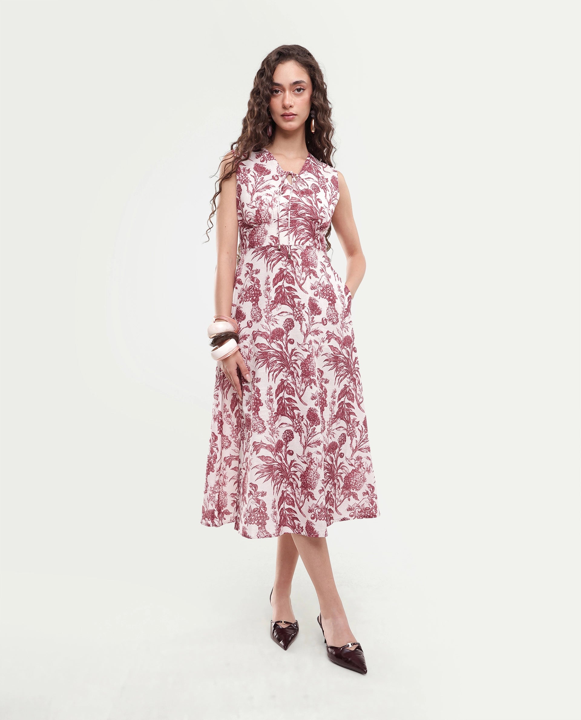Rareism Women's Fon Red Cotton Button And Zip Fit And Flare Printed Dress