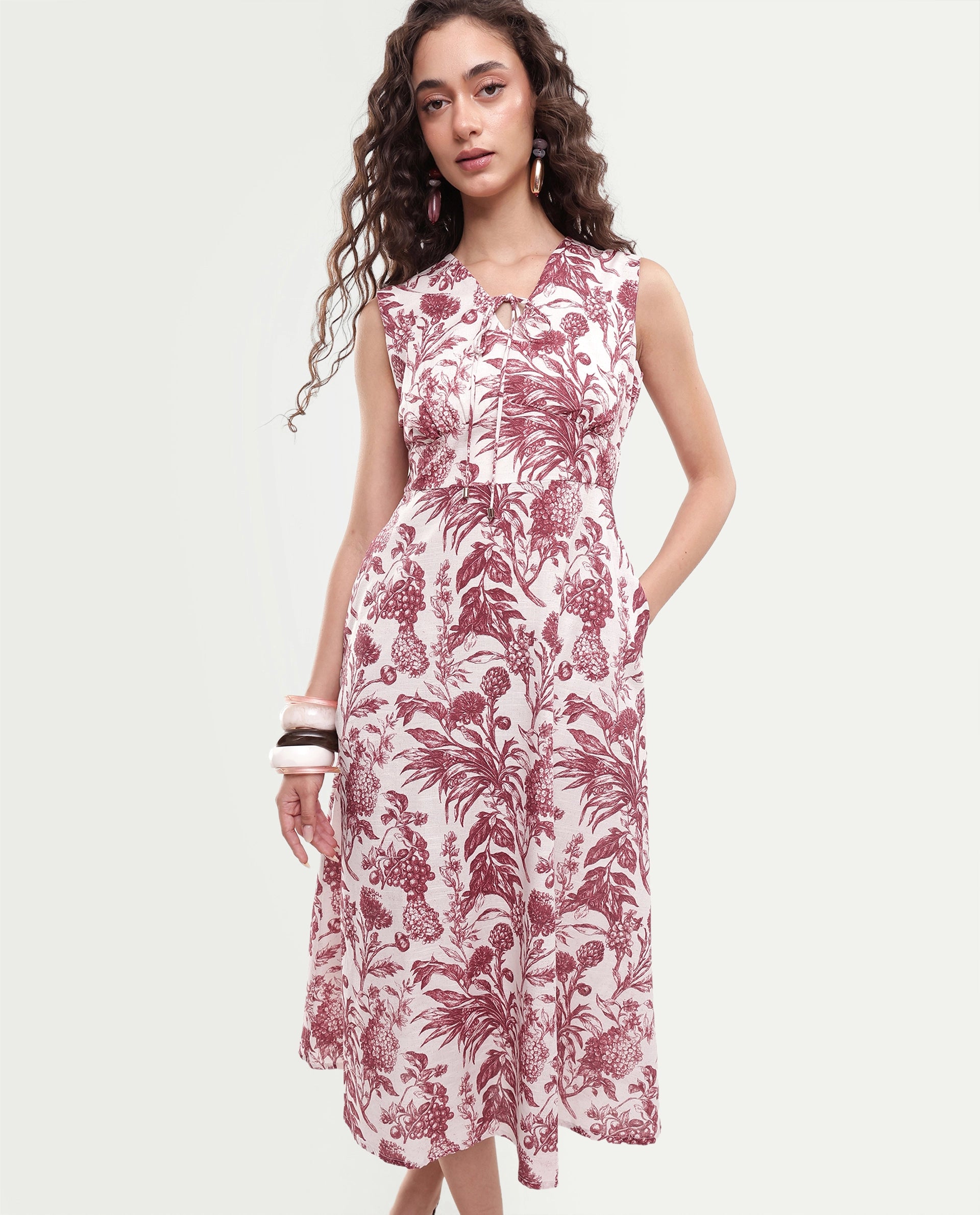 Rareism Women's Fon Red Cotton Button And Zip Fit And Flare Printed Dress