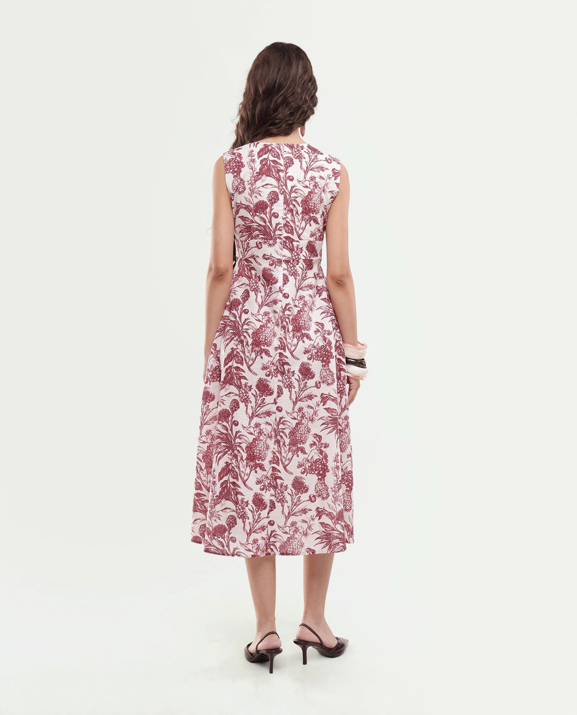 Rareism Women's Fon Red Cotton Button And Zip Fit And Flare Printed Dress