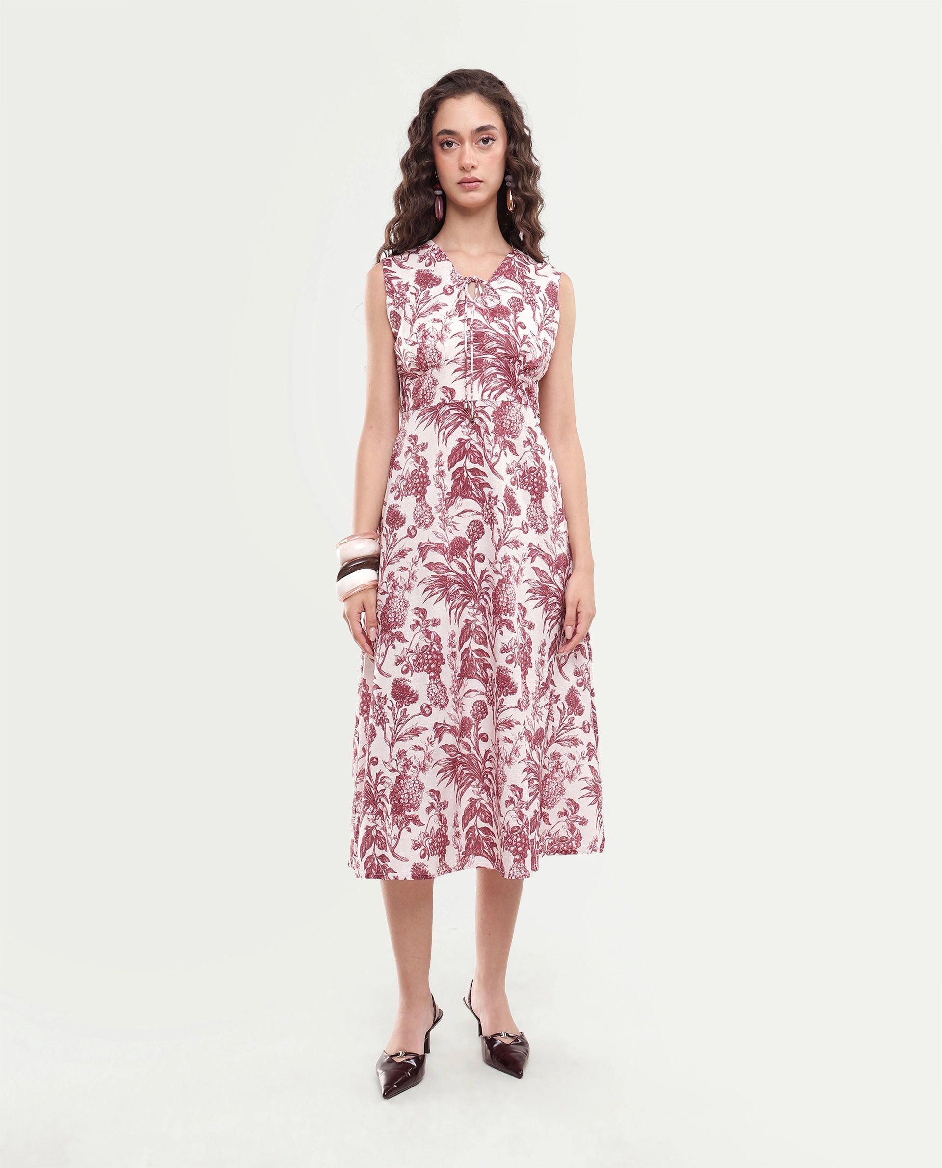 Rareism Women's Fon Red Cotton Button And Zip Fit And Flare Printed Dress