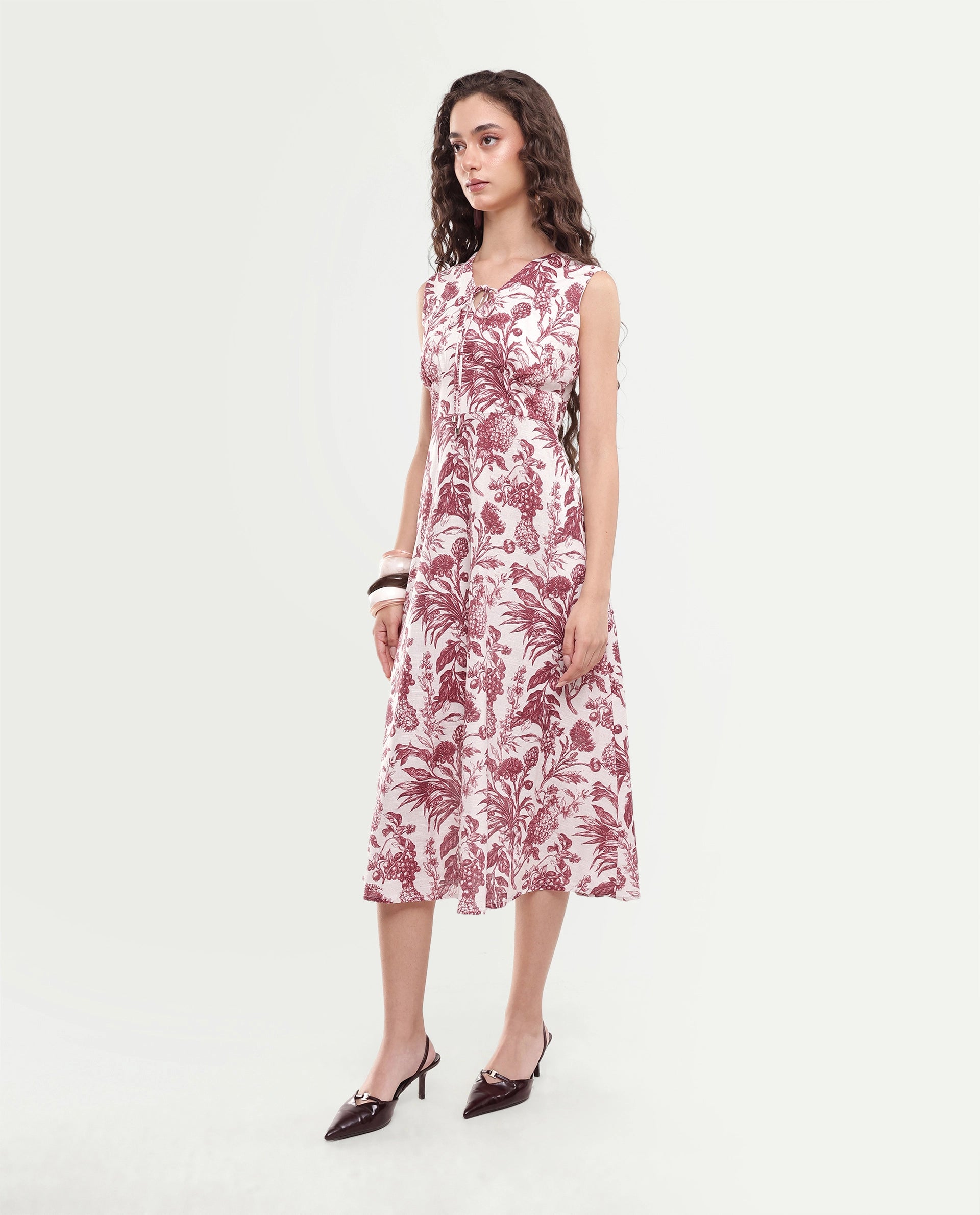 Rareism Women's Fon Red Cotton Button And Zip Fit And Flare Printed Dress
