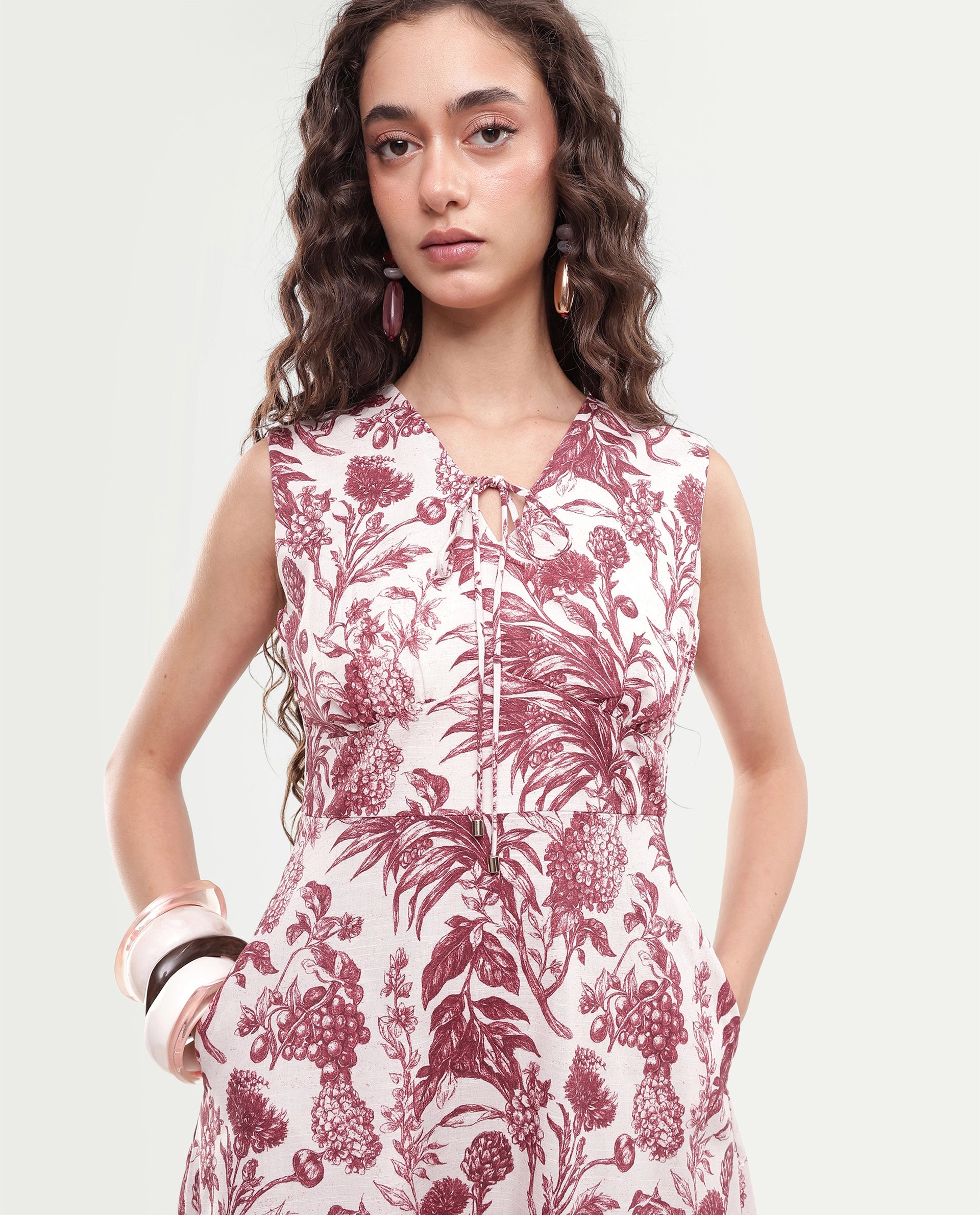 Rareism Women's Fon Red Cotton Button And Zip Fit And Flare Printed Dress
