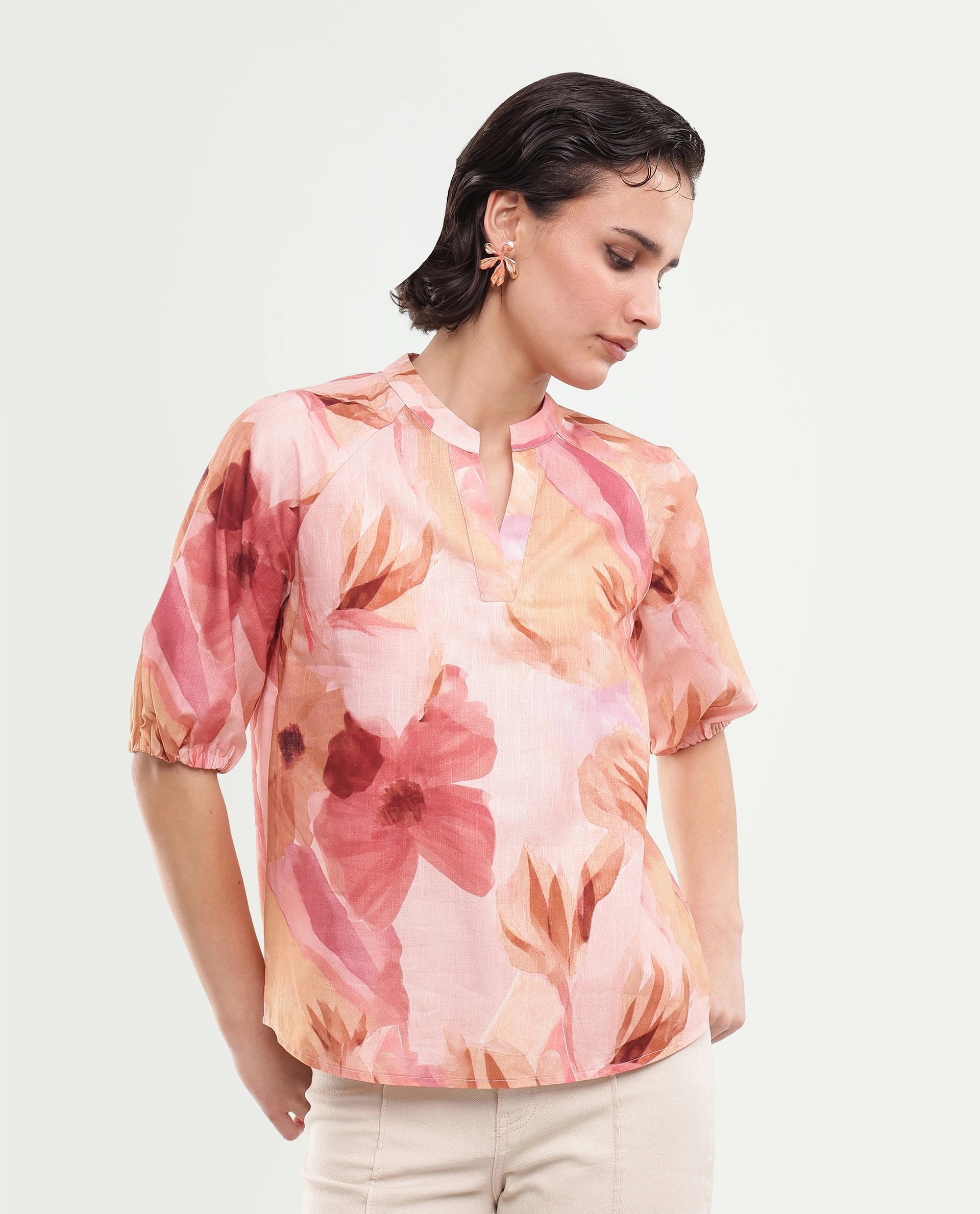 Rareism Women's Fulus Multi Floral Cotton Regular Short Sleeves Top