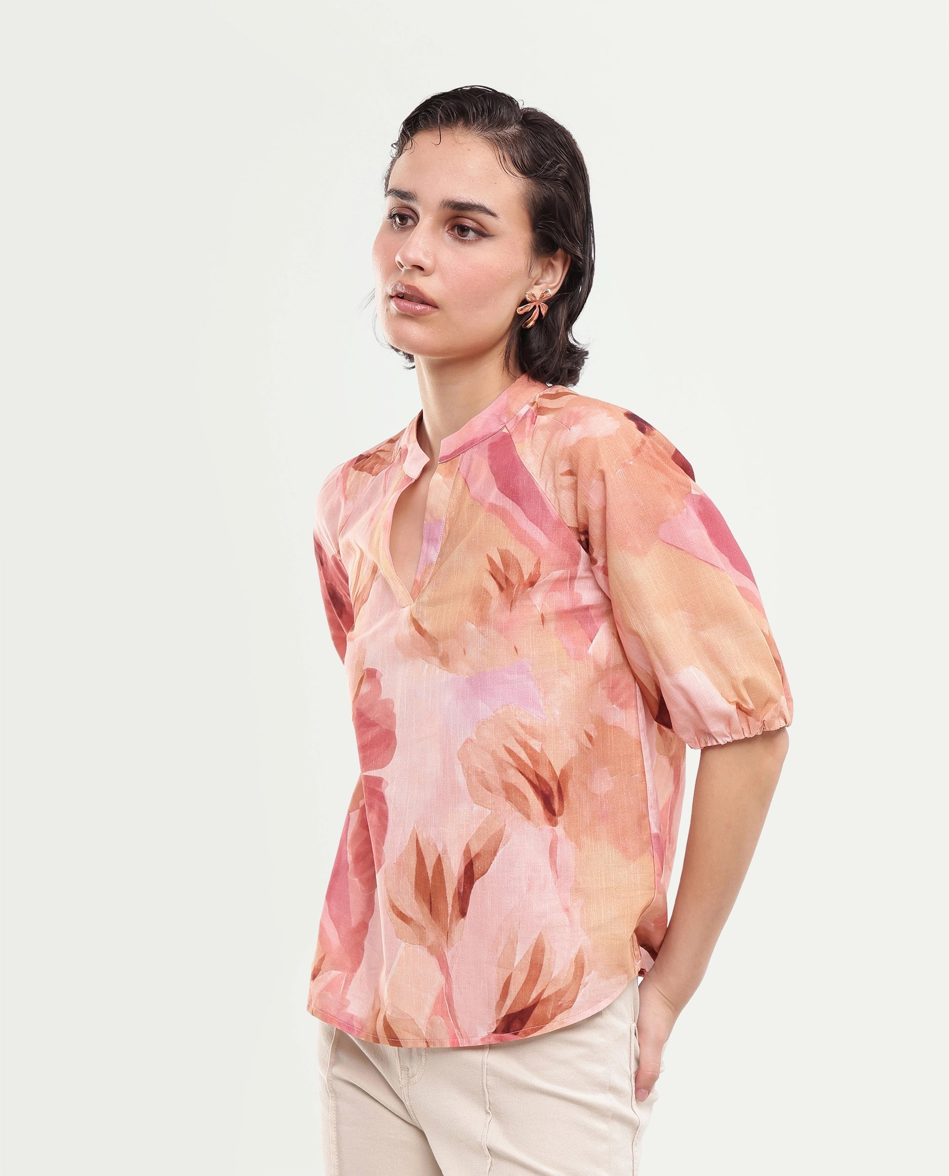 Rareism Women's Fulus Multi Floral Cotton Regular Short Sleeves Top