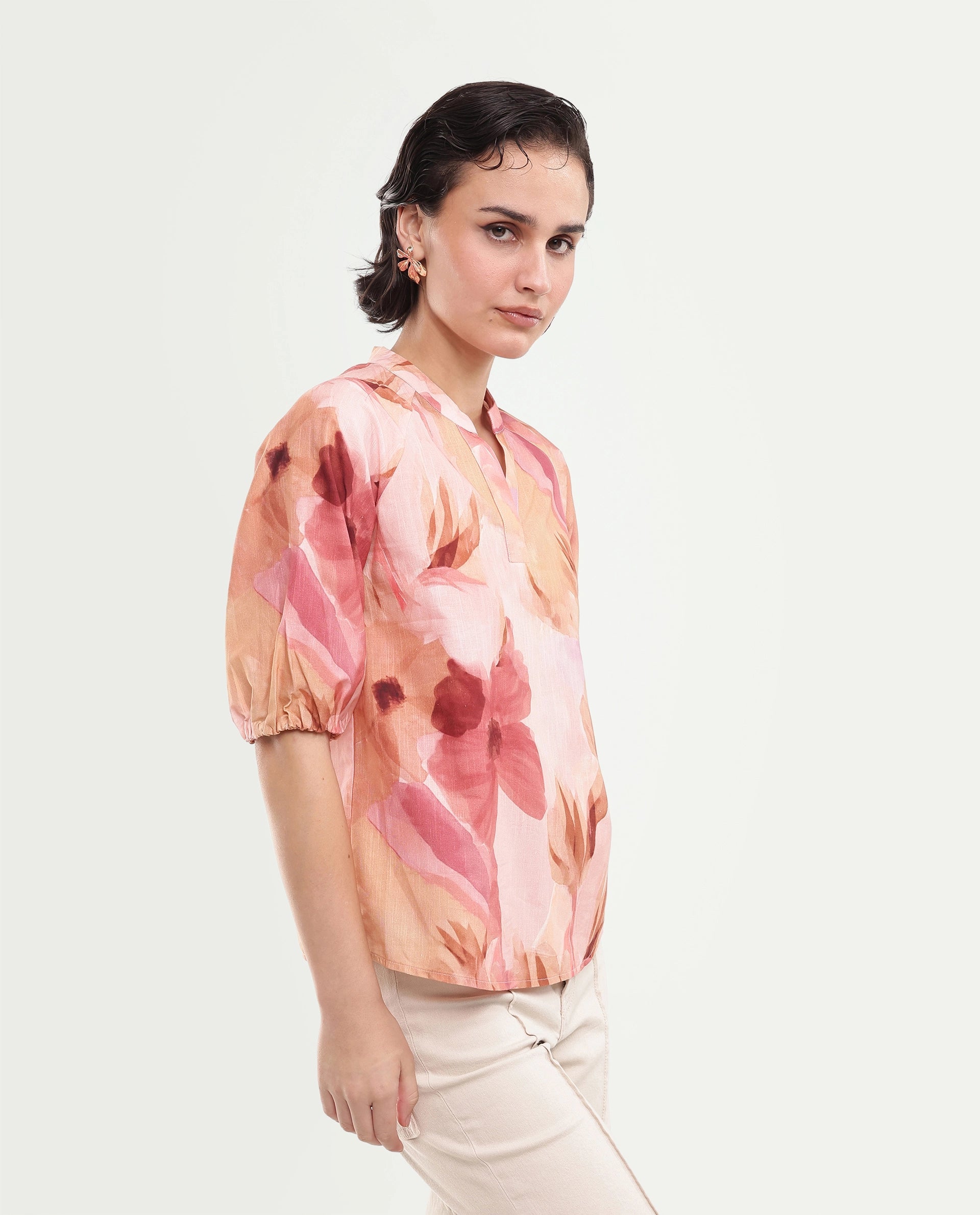 Rareism Women's Fulus Multi Floral Cotton Regular Short Sleeves Top