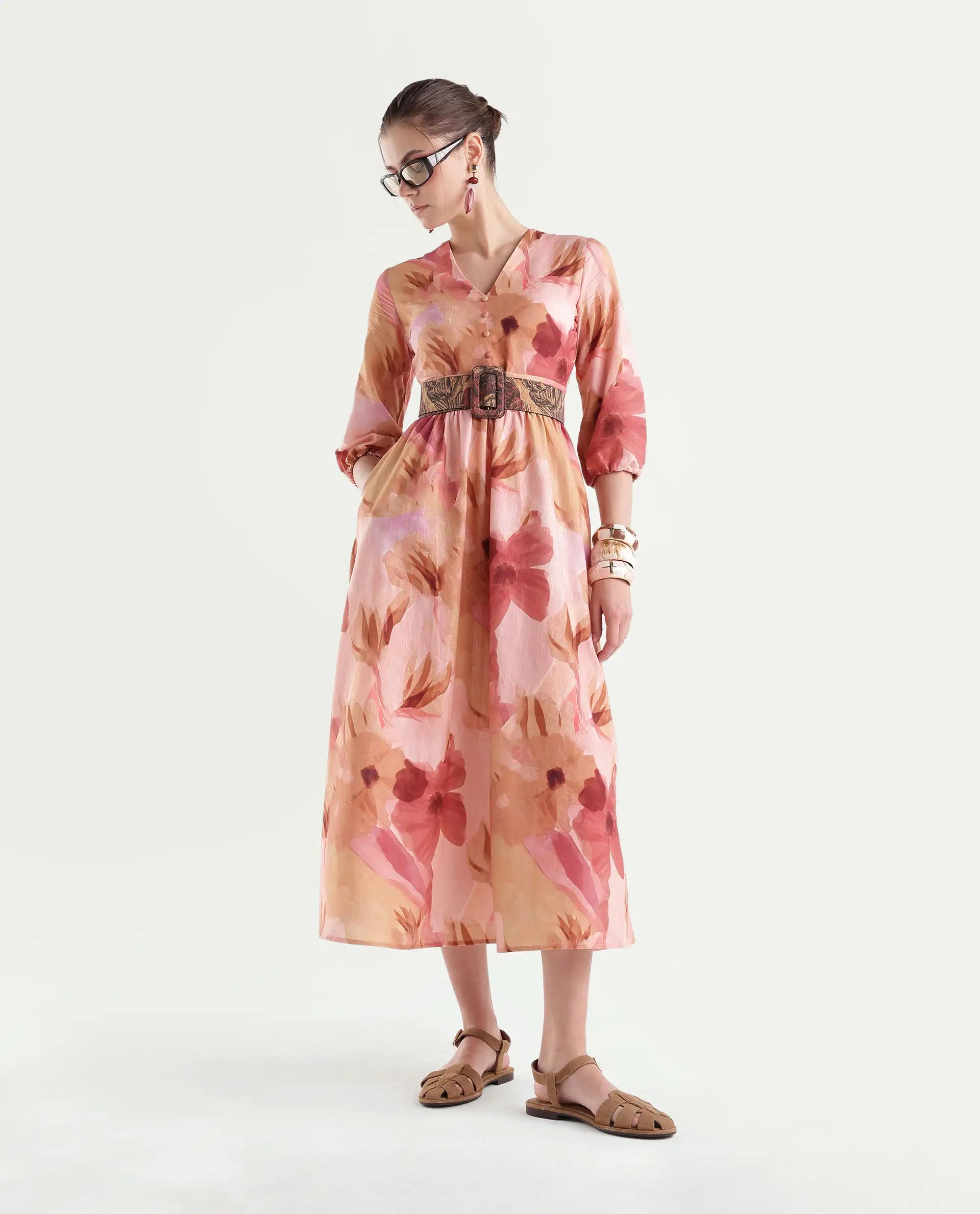 Rareism Women's Futox Multi Cotton Button And Zip Fit And Flare Floral Print Dress
