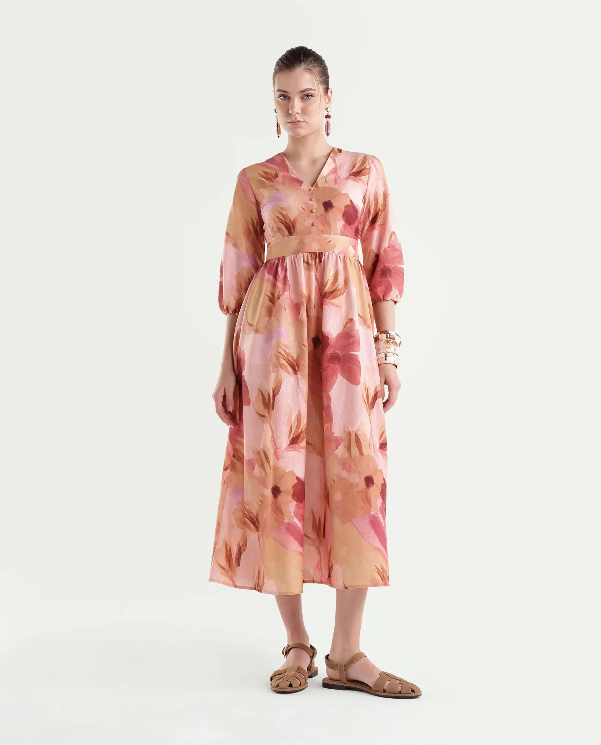 Rareism Women's Futox Multi Cotton Button And Zip Fit And Flare Floral Print Dress
