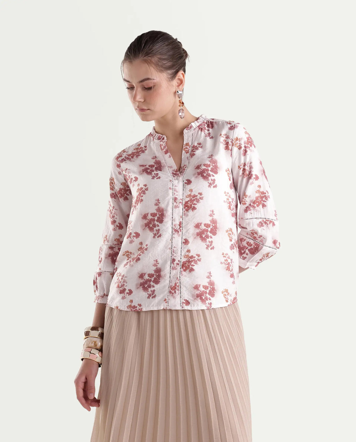 Rareism Women's Ivora Off White Viscose Blend Button Regular Fit Floral Print Top