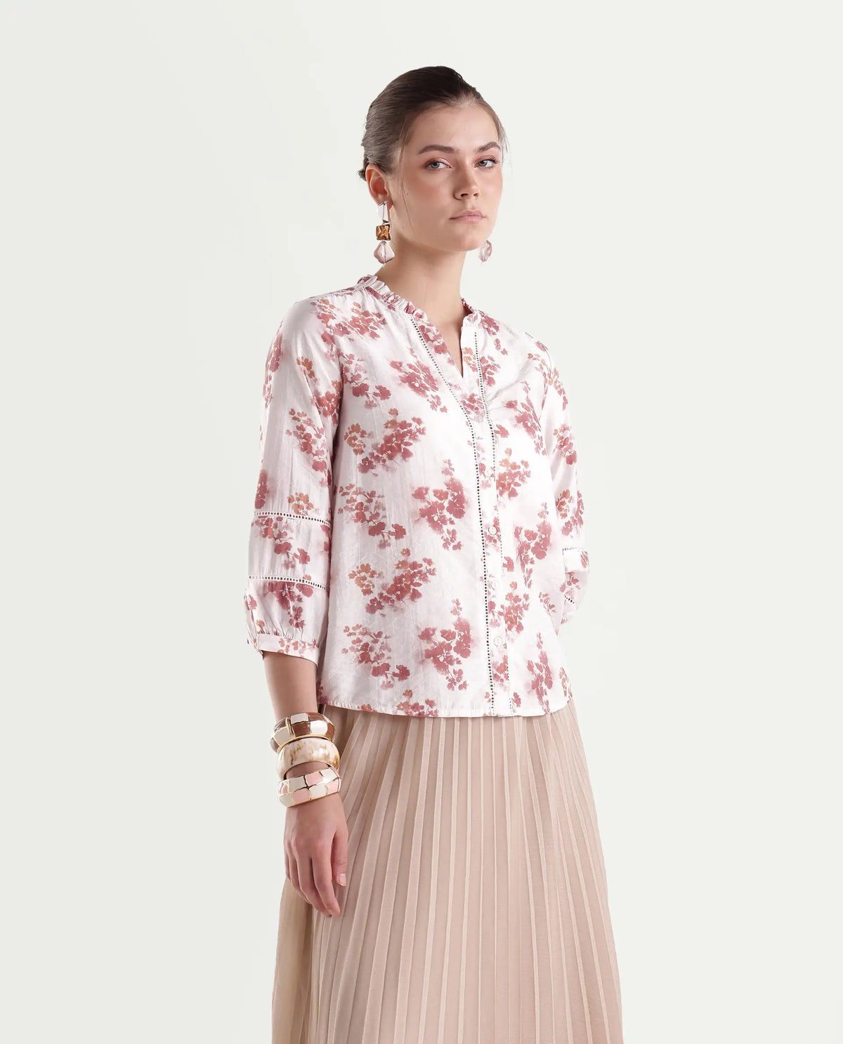 Rareism Women's Ivora Off White Viscose Blend Button Regular Fit Floral Print Top