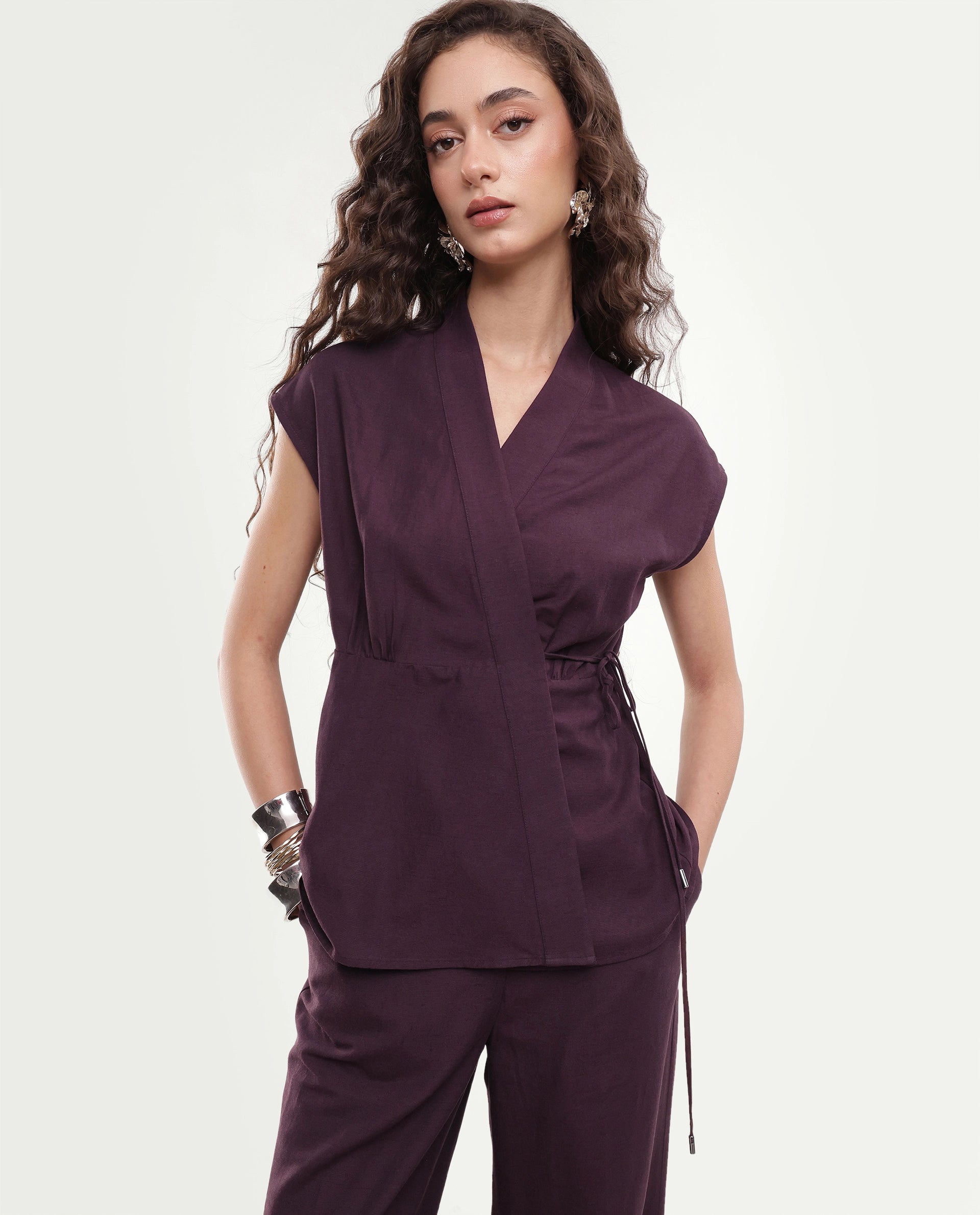 Rareism Women's Ileris-T Purple Linen Blend Tie-Up Wrap Top