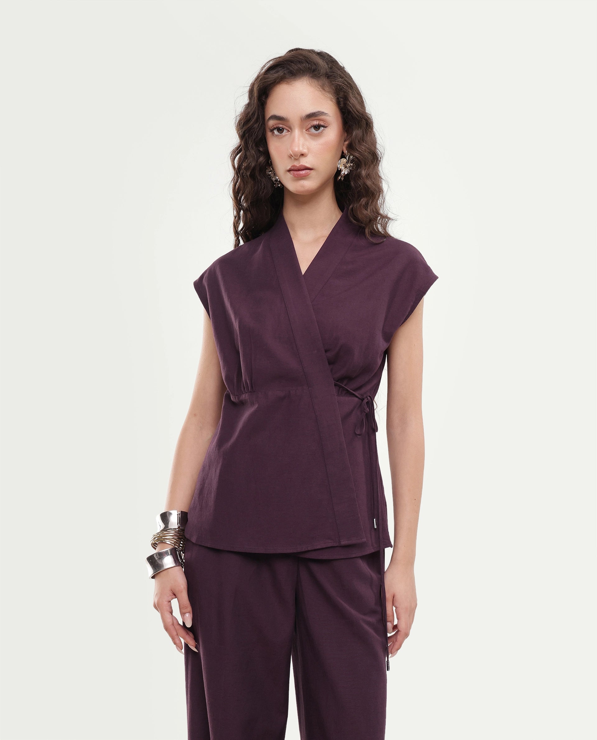 Rareism Women's Ileris-T Purple Linen Blend Tie-Up Wrap Top