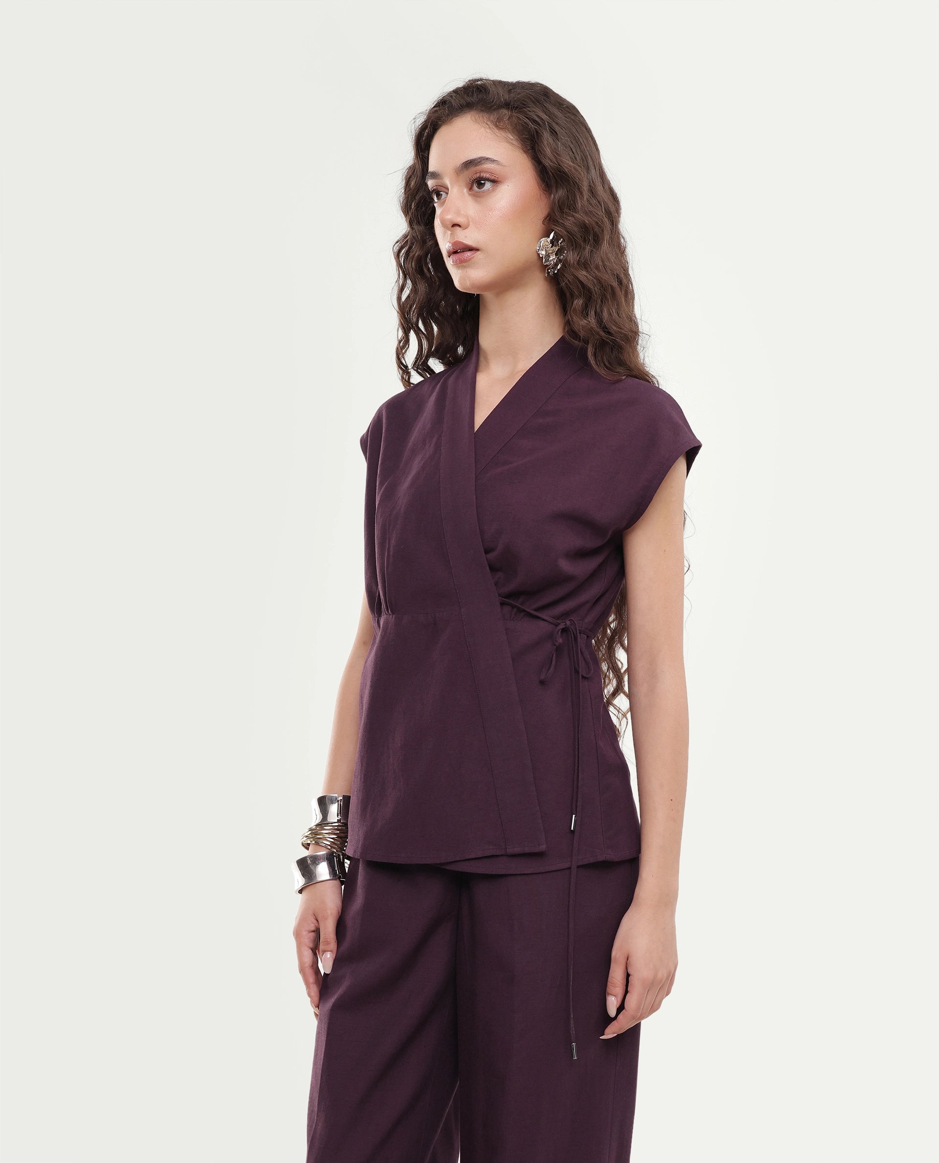 Rareism Women's Ileris-T Purple Linen Blend Tie-Up Wrap Top