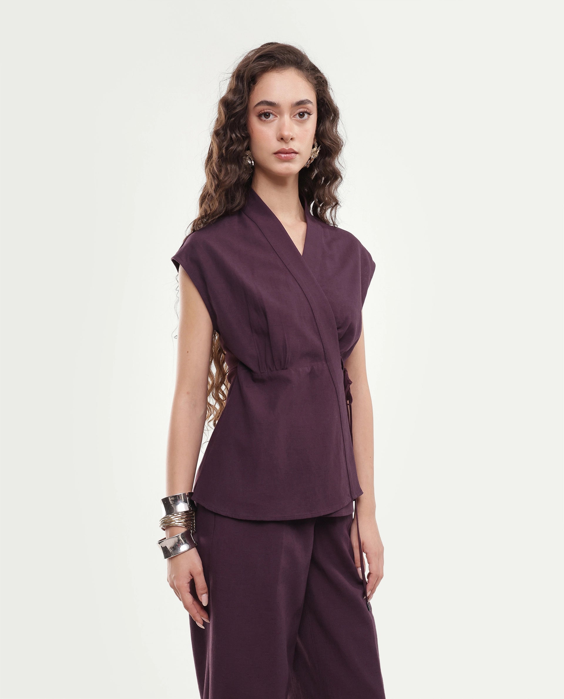 Rareism Women's Ileris-T Purple Linen Blend Tie-Up Wrap Top