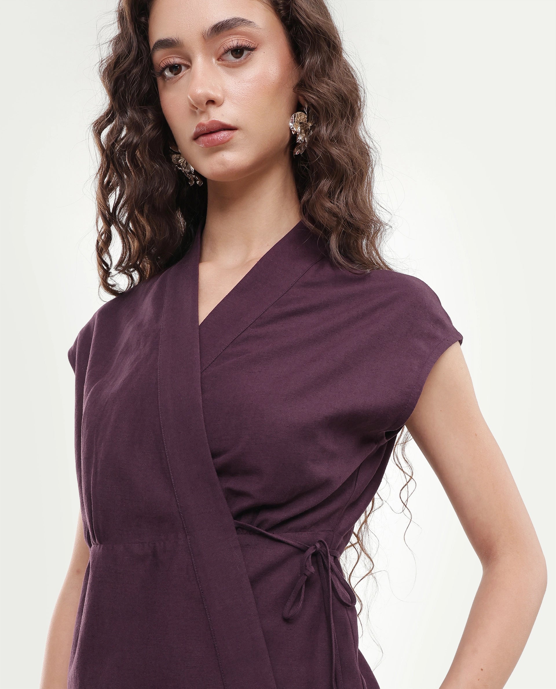 Rareism Women's Ileris-T Purple Linen Blend Tie-Up Wrap Top
