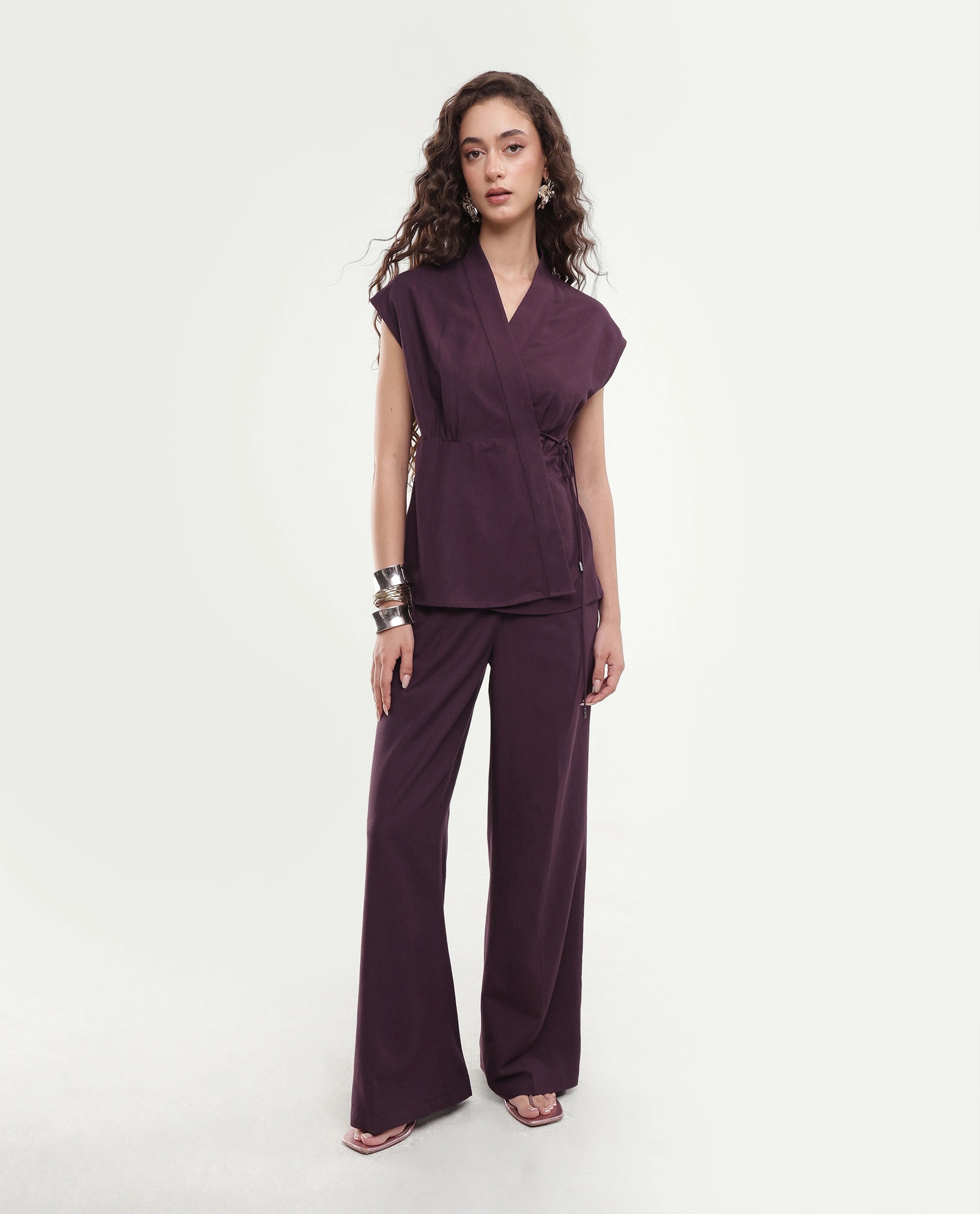 Rareism Women's Ileris-T Purple Linen Blend Tie-Up Wrap Top