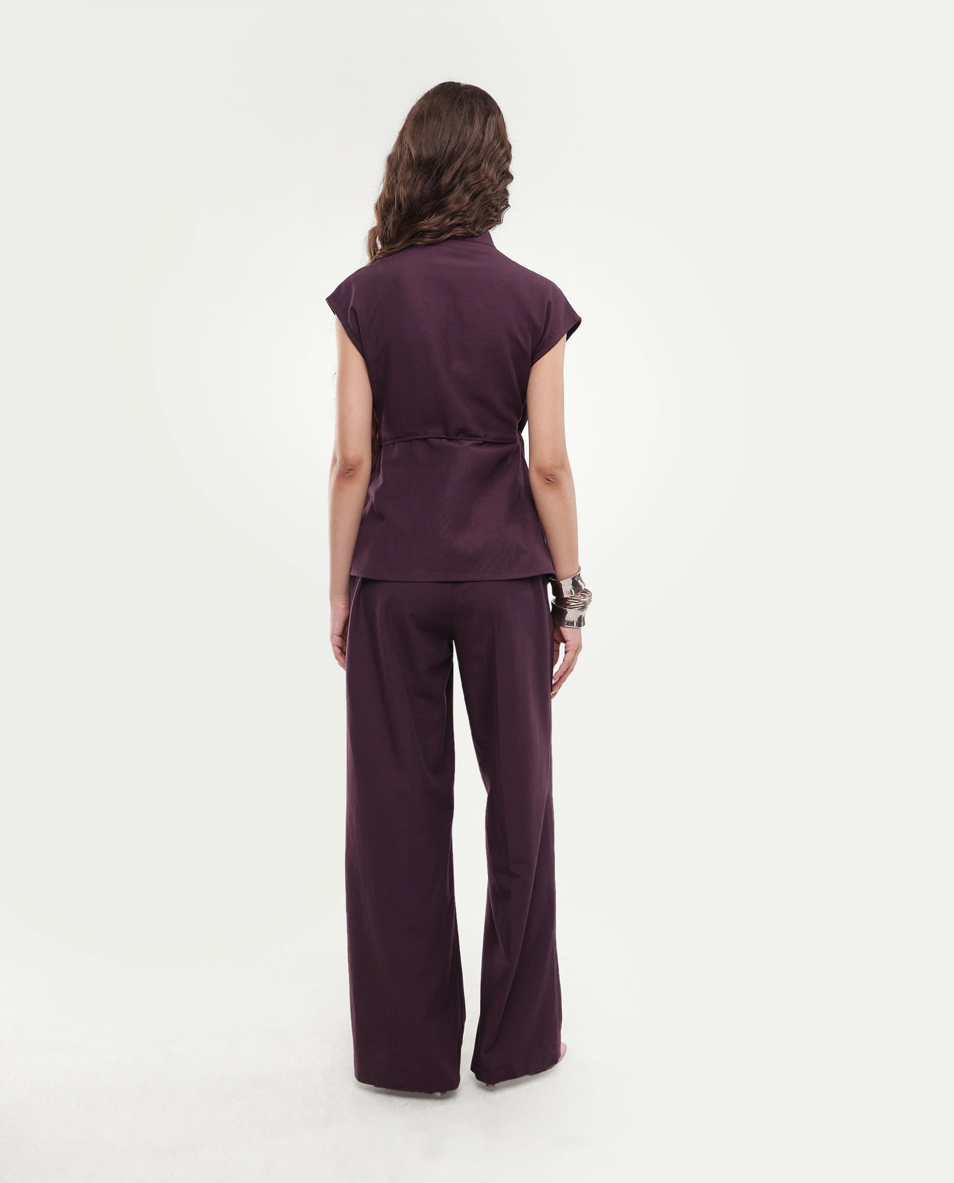 Rareism Women's Ileris-B Purple Linen Blend Button And Zip Wide Trouser