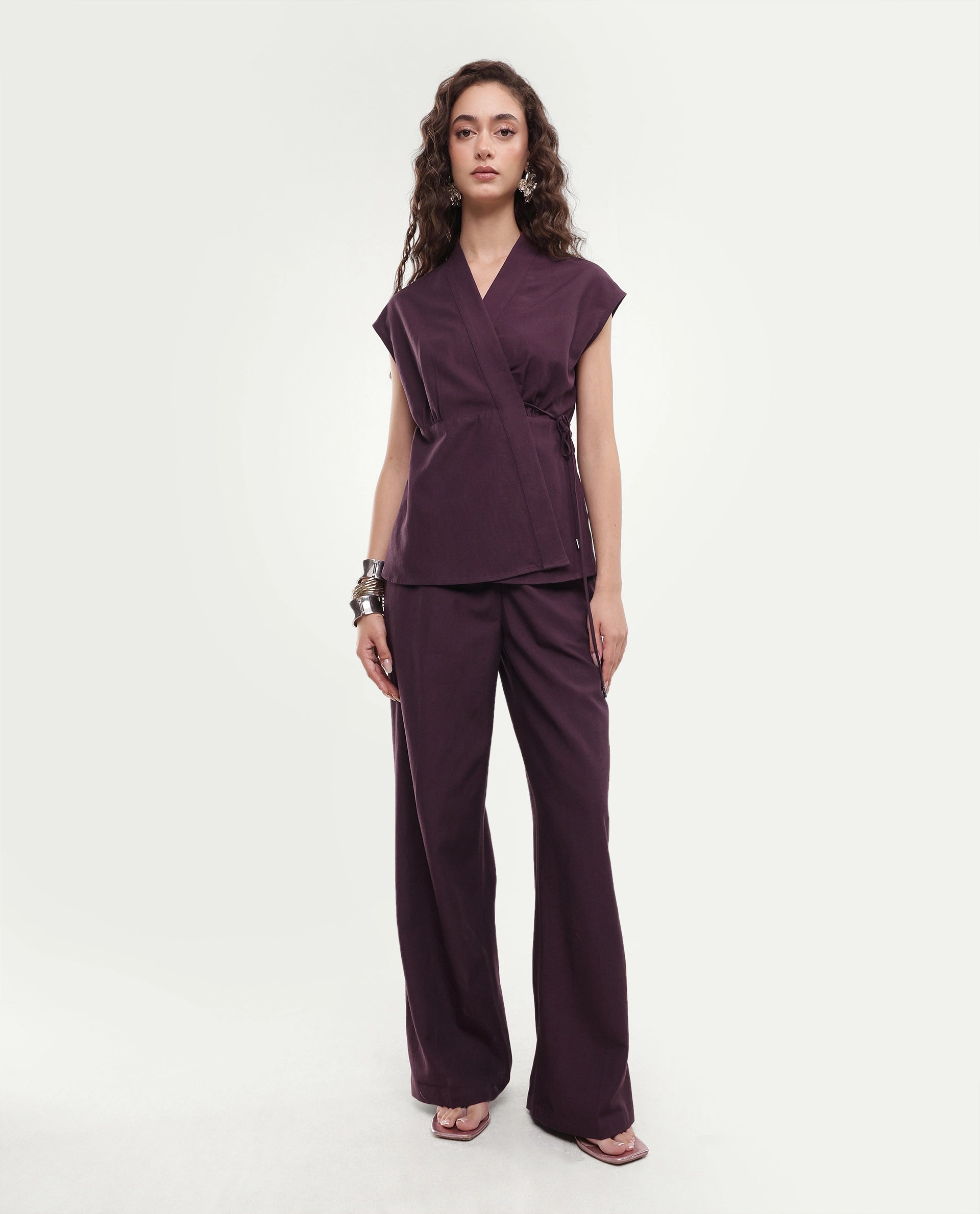 Rareism Women's Ileris-B Purple Linen Blend Button And Zip Wide Trouser