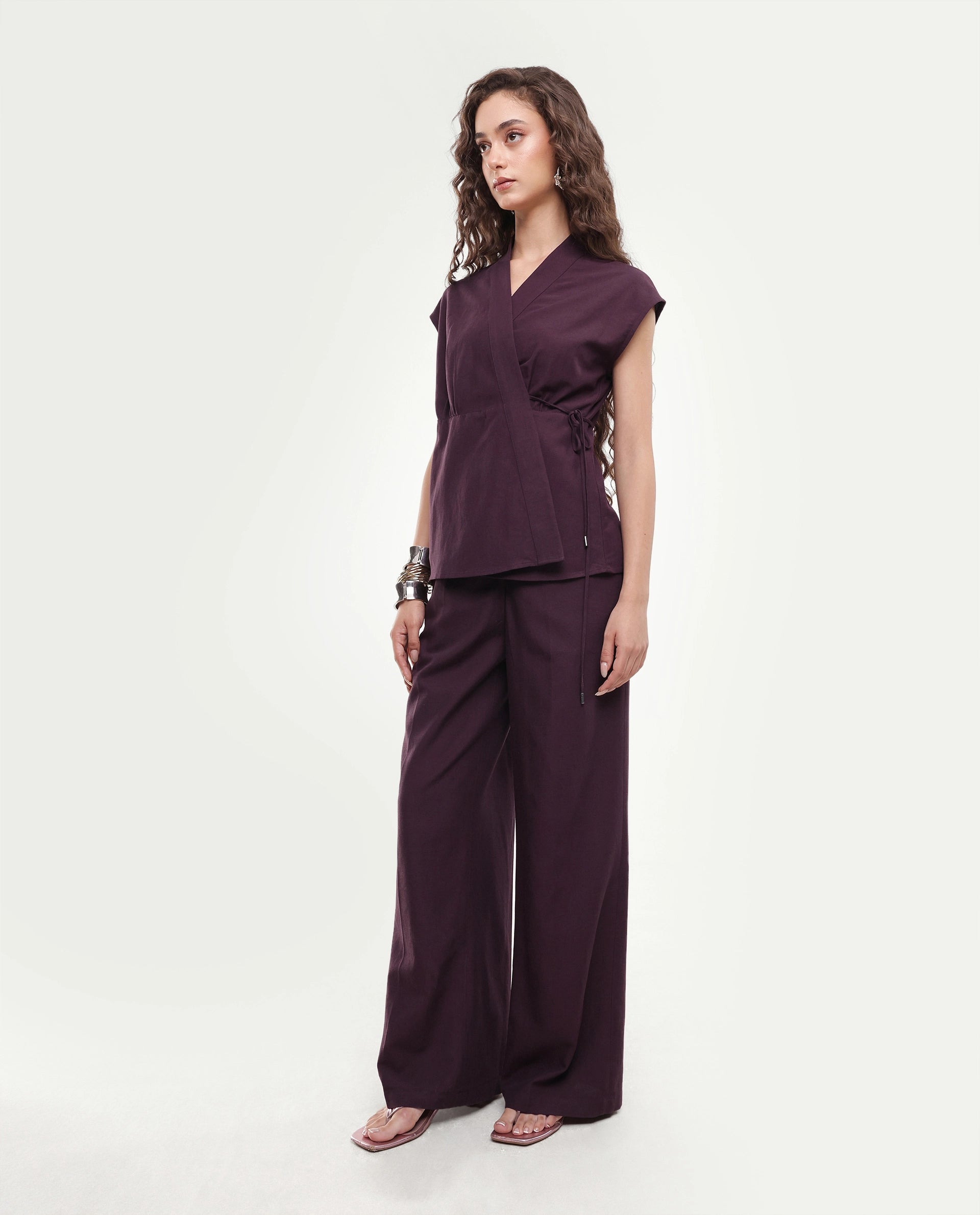 Rareism Women's Ileris-B Purple Linen Blend Button And Zip Wide Trouser