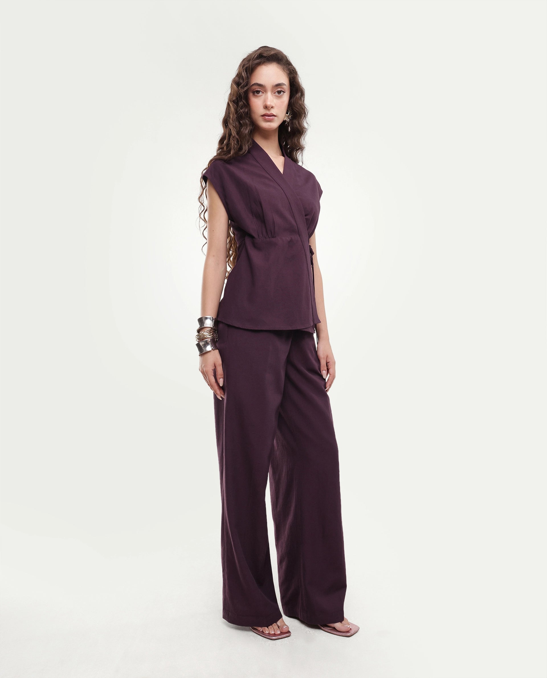 Rareism Women's Ileris-B Purple Linen Blend Button And Zip Wide Trouser