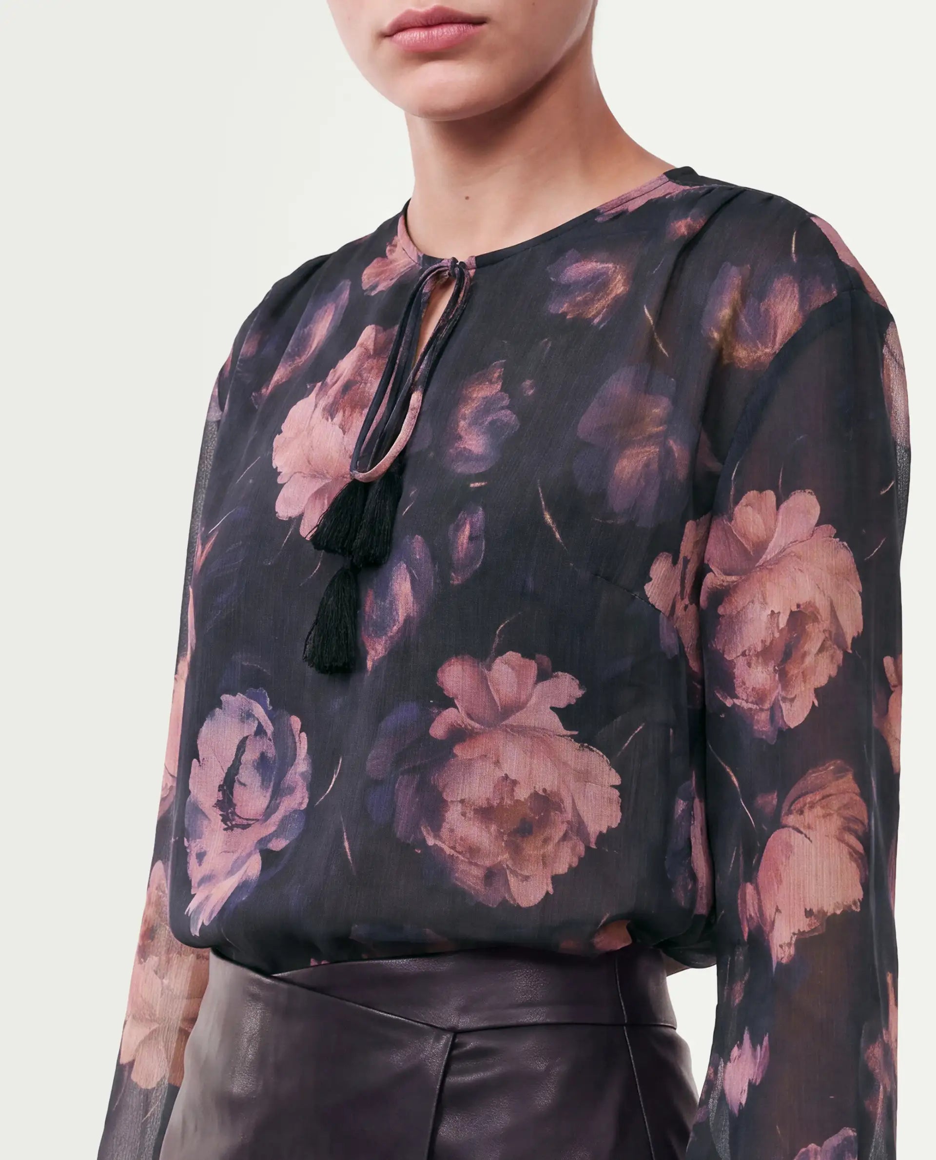 Rareism Women's Ivani Black Polyester Tie-Up Regular Fit Floral Print Top