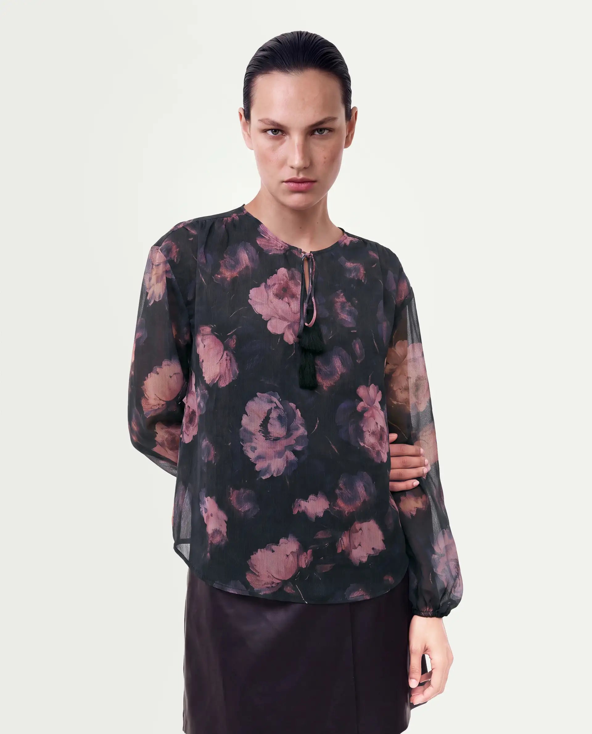 Rareism Women's Ivani Black Polyester Tie-Up Regular Fit Floral Print Top