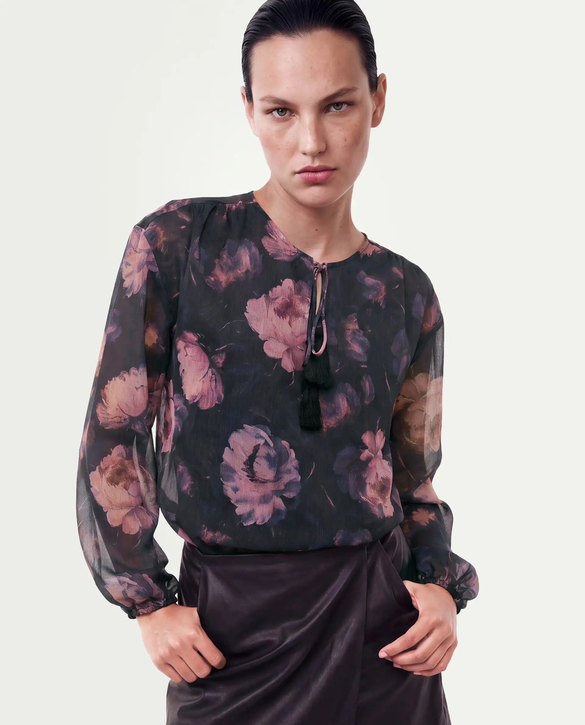 Rareism Women's Ivani Black Polyester Tie-Up Regular Fit Floral Print Top