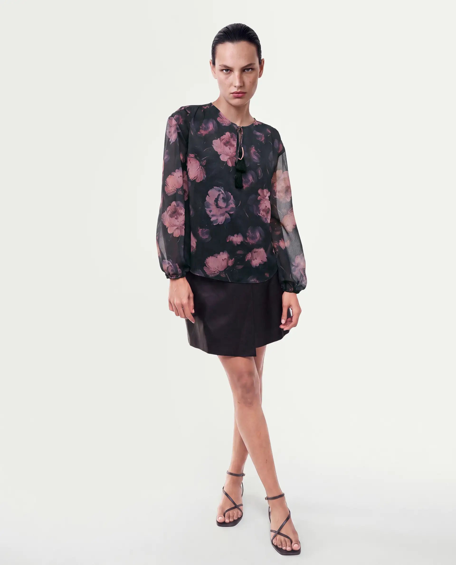 Rareism Women's Ivani Black Polyester Tie-Up Regular Fit Floral Print Top