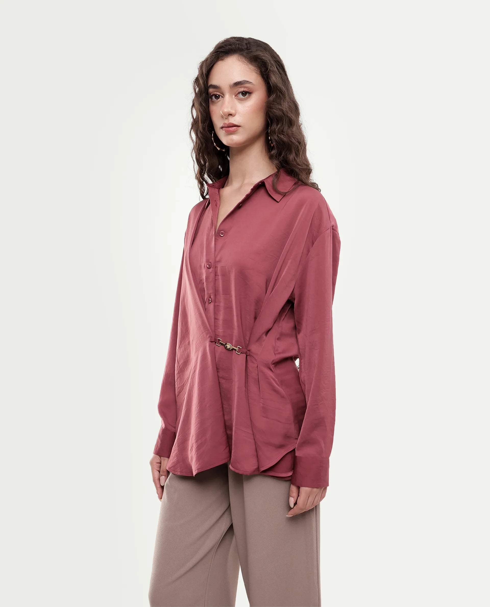 Rareism Women's Ilara Dusky Pink Polyester Button Relaxed Fit Shirt