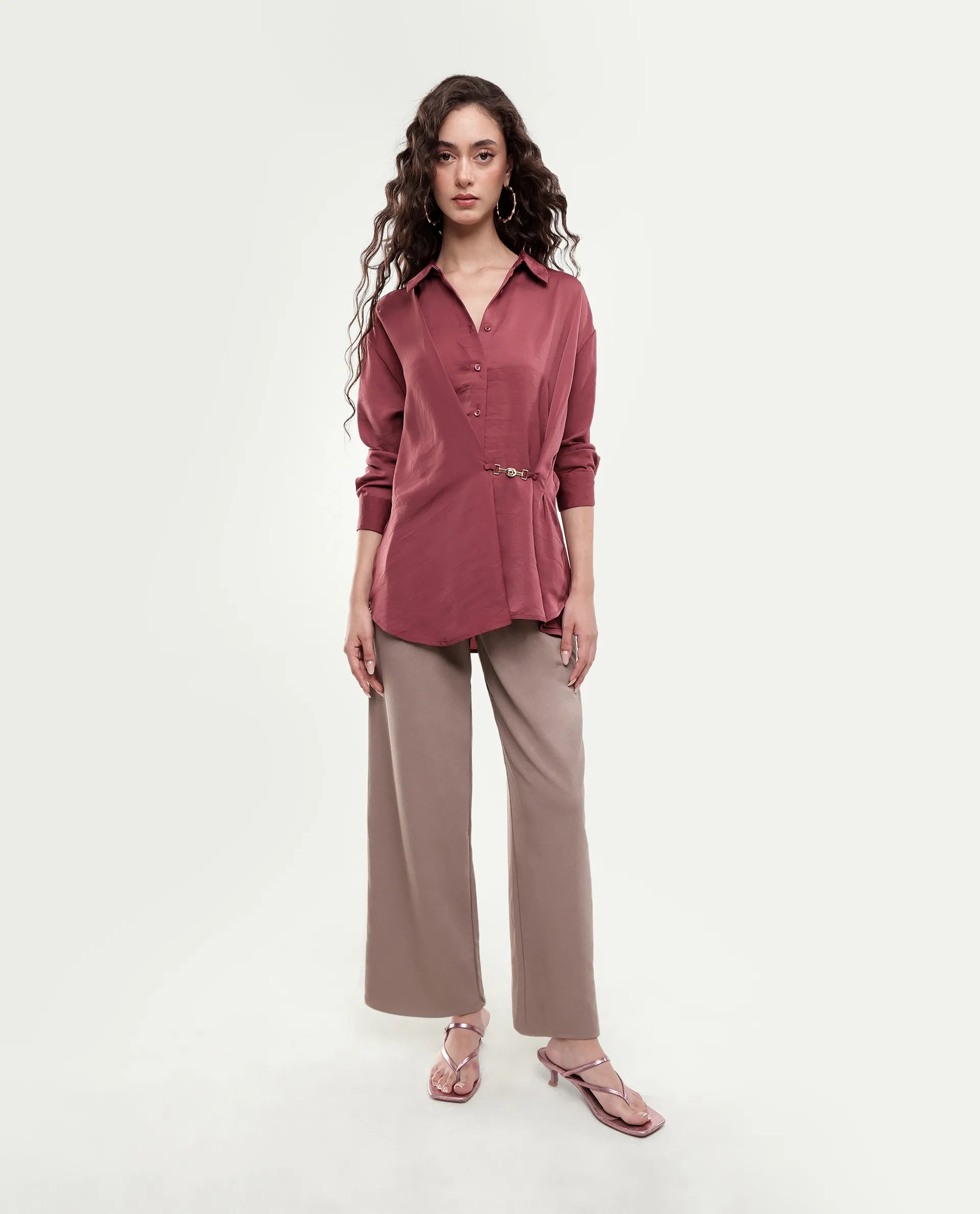 Rareism Women's Ilara Dusky Pink Polyester Button Relaxed Fit Shirt