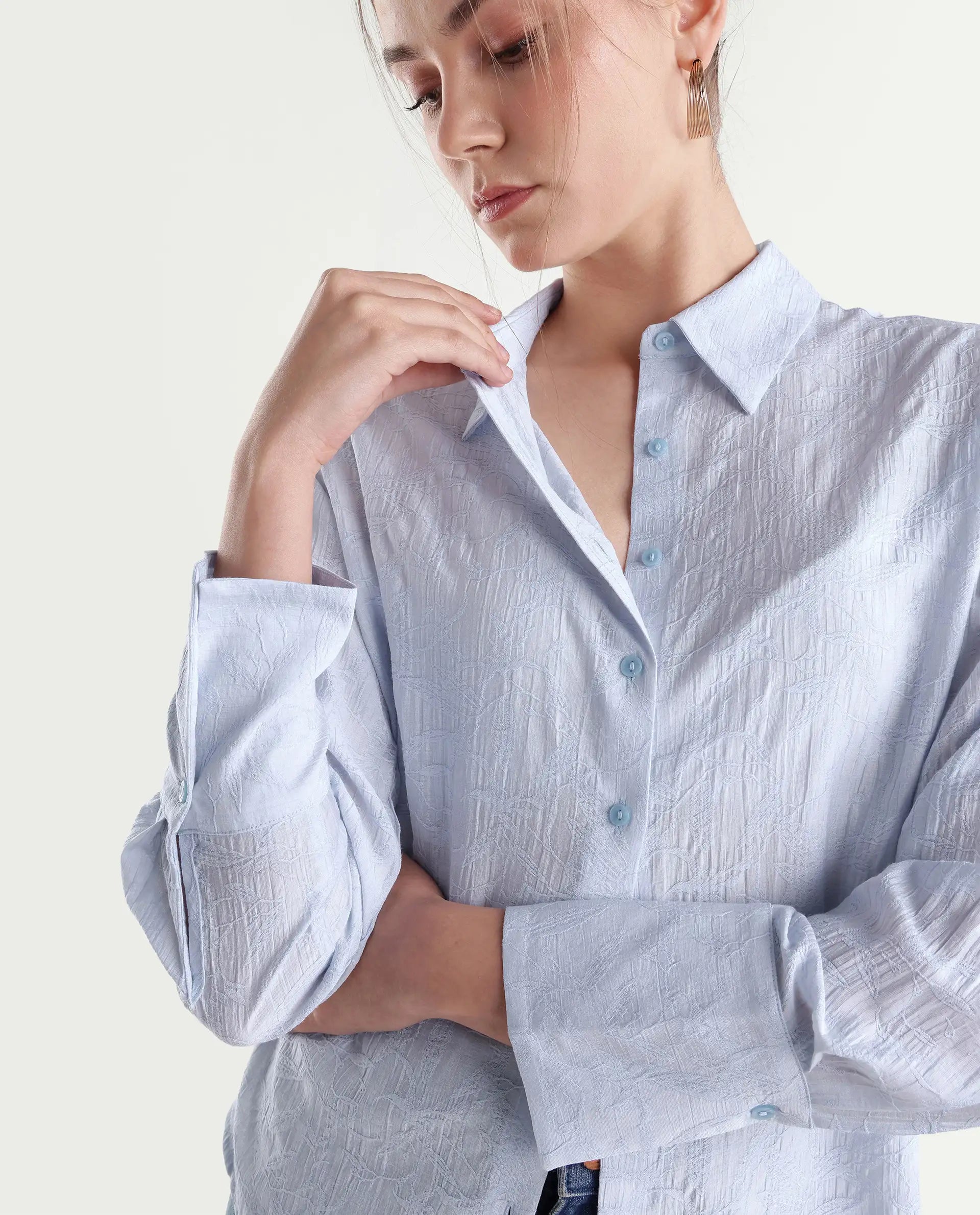 Rareism Women's Fosk Pastel Blue Viscose Blend Button Relaxed Fit Jacquard Shirt