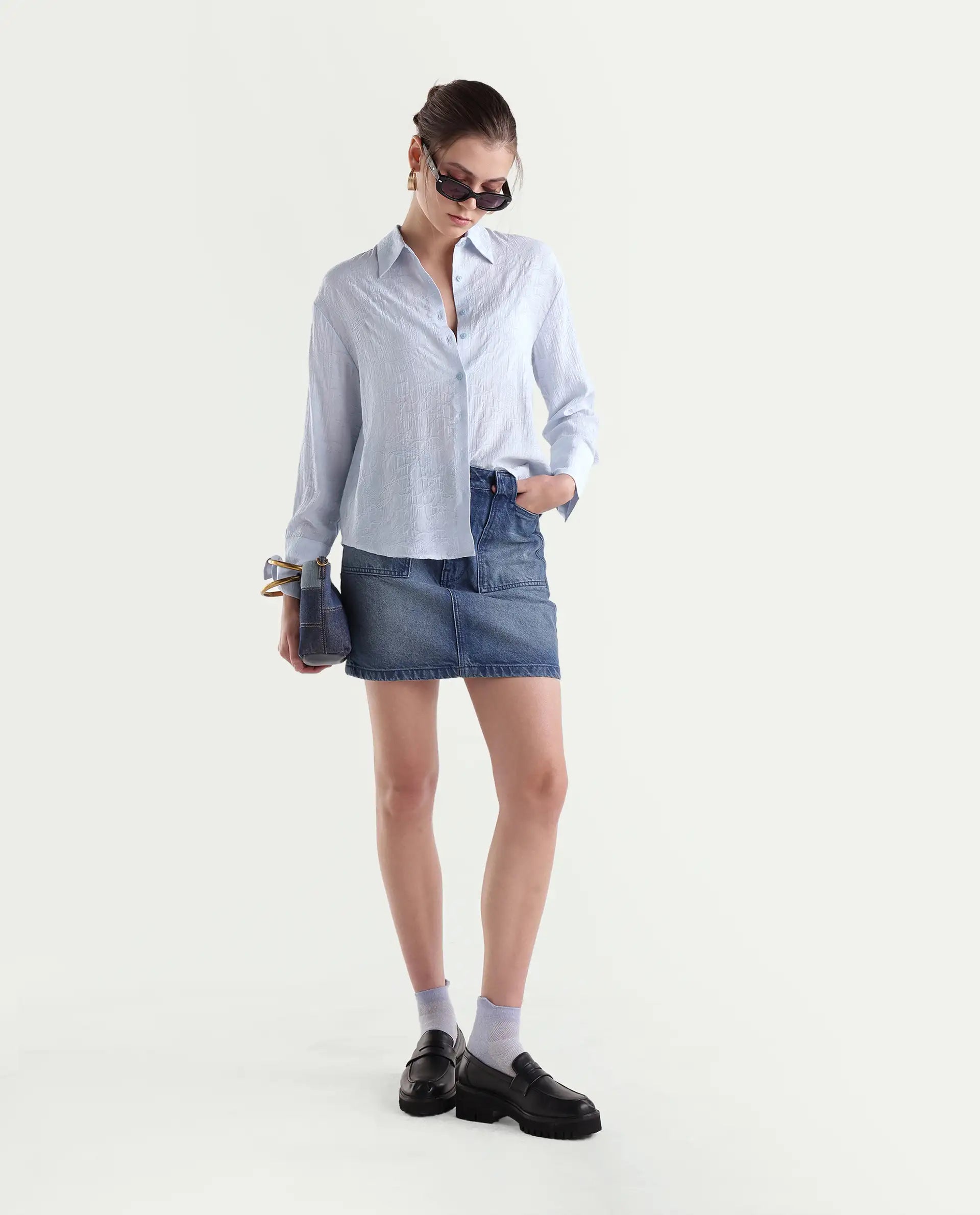 Rareism Women's Fosk Pastel Blue Viscose Blend Button Relaxed Fit Jacquard Shirt