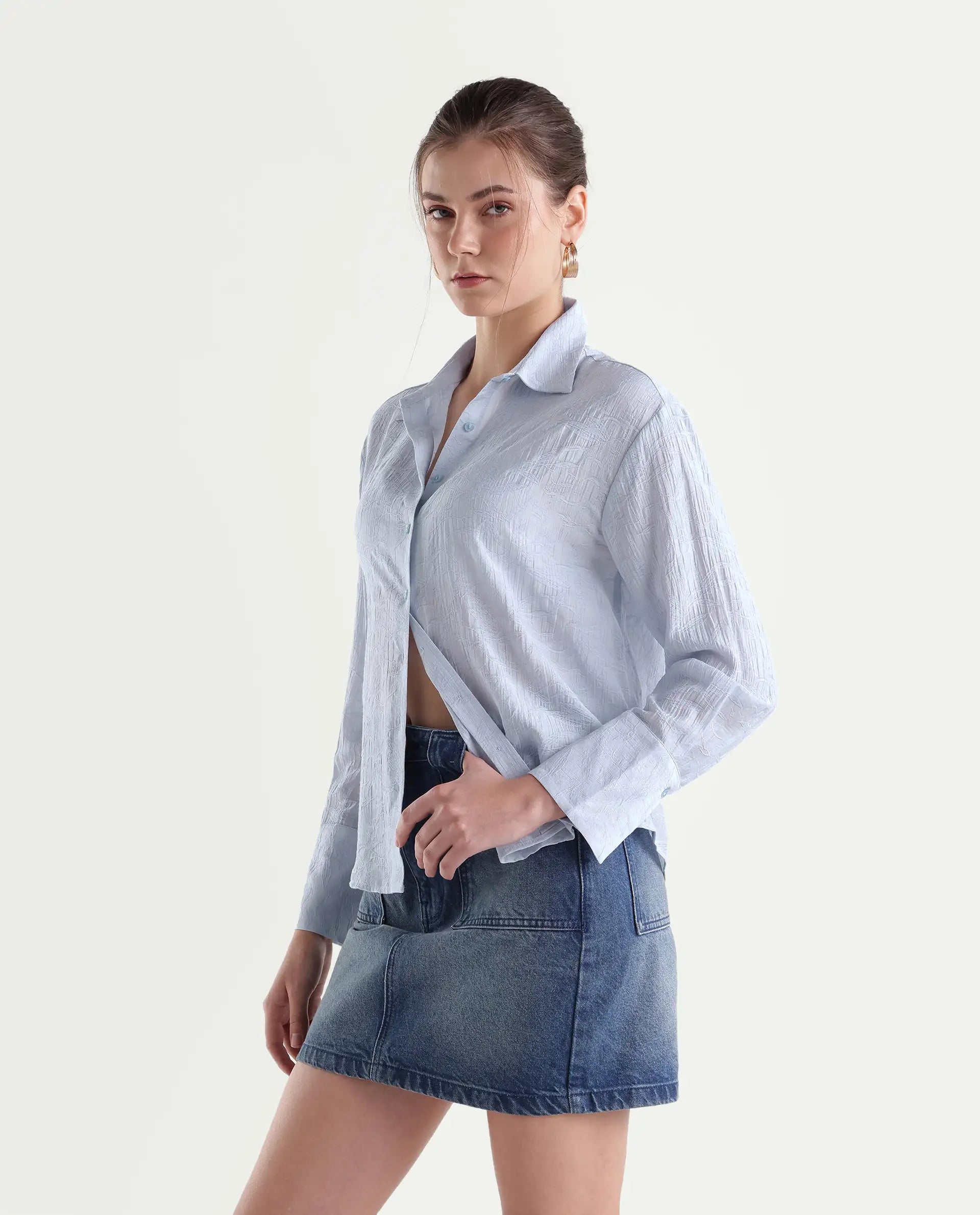 Rareism Women's Fosk Pastel Blue Viscose Blend Button Relaxed Fit Jacquard Shirt