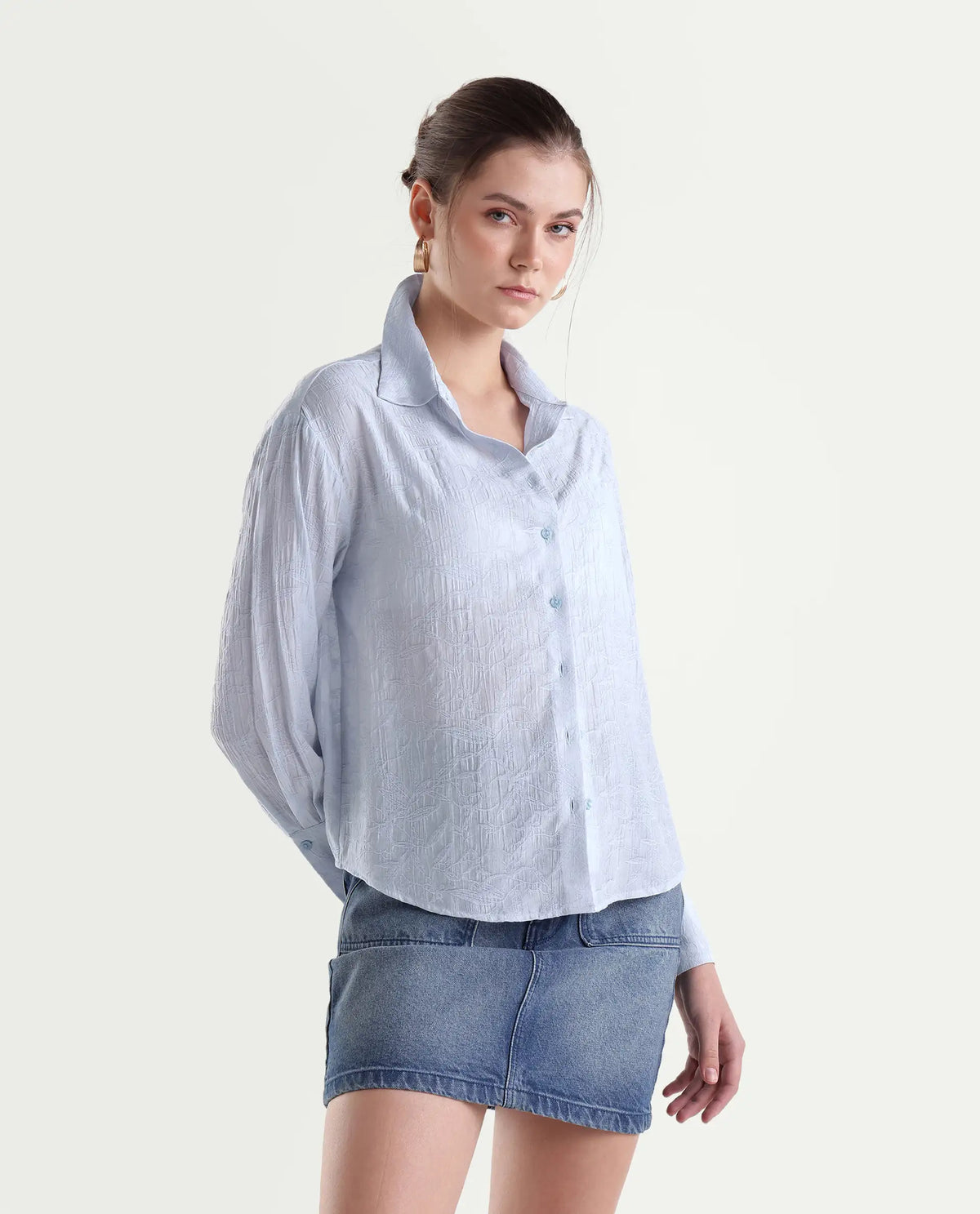 Rareism Women's Fosk Pastel Blue Viscose Blend Button Relaxed Fit Jacquard Shirt