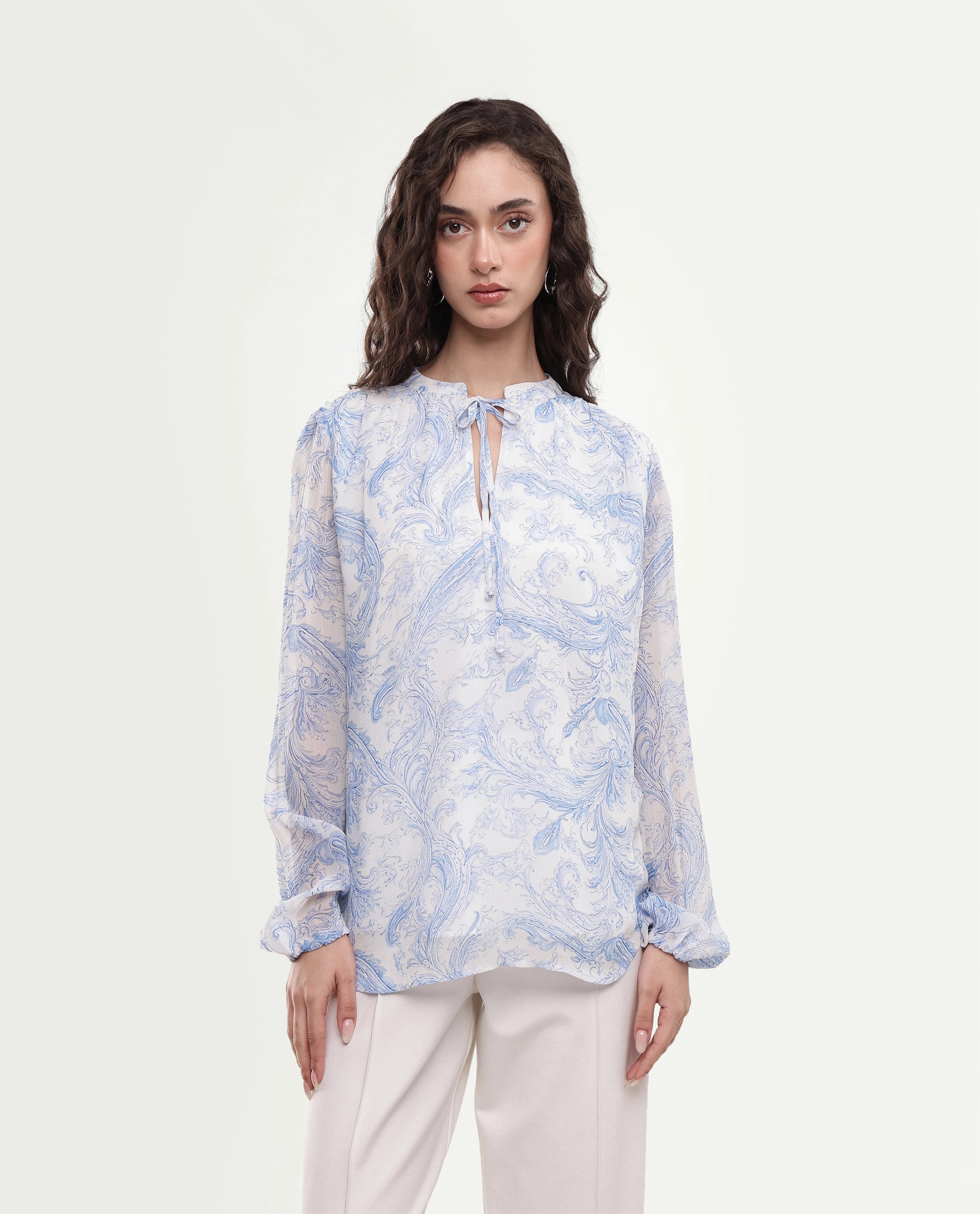Rareism Women's Flip Light Blue Viscose Tie-Up Relaxed Fit Paisley Print Top
