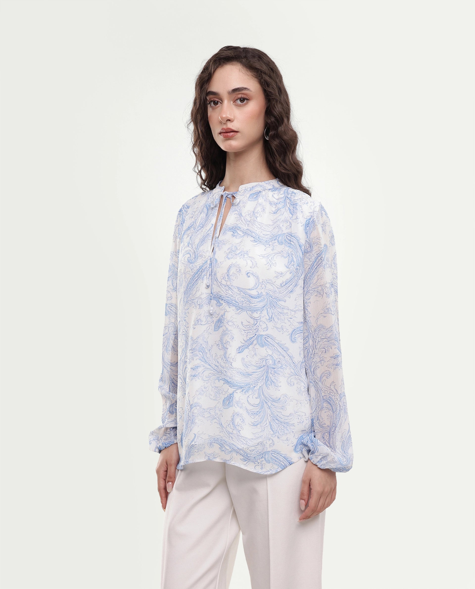 Rareism Women's Flip Light Blue Viscose Tie-Up Relaxed Fit Paisley Print Top