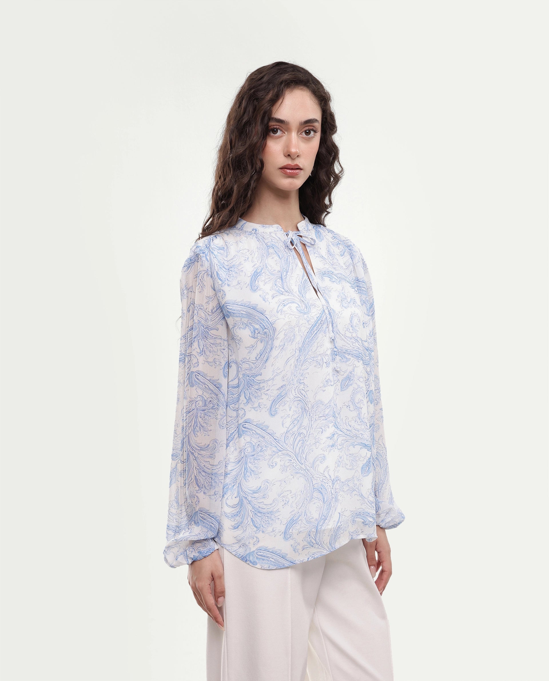 Rareism Women's Flip Light Blue Viscose Tie-Up Relaxed Fit Paisley Print Top