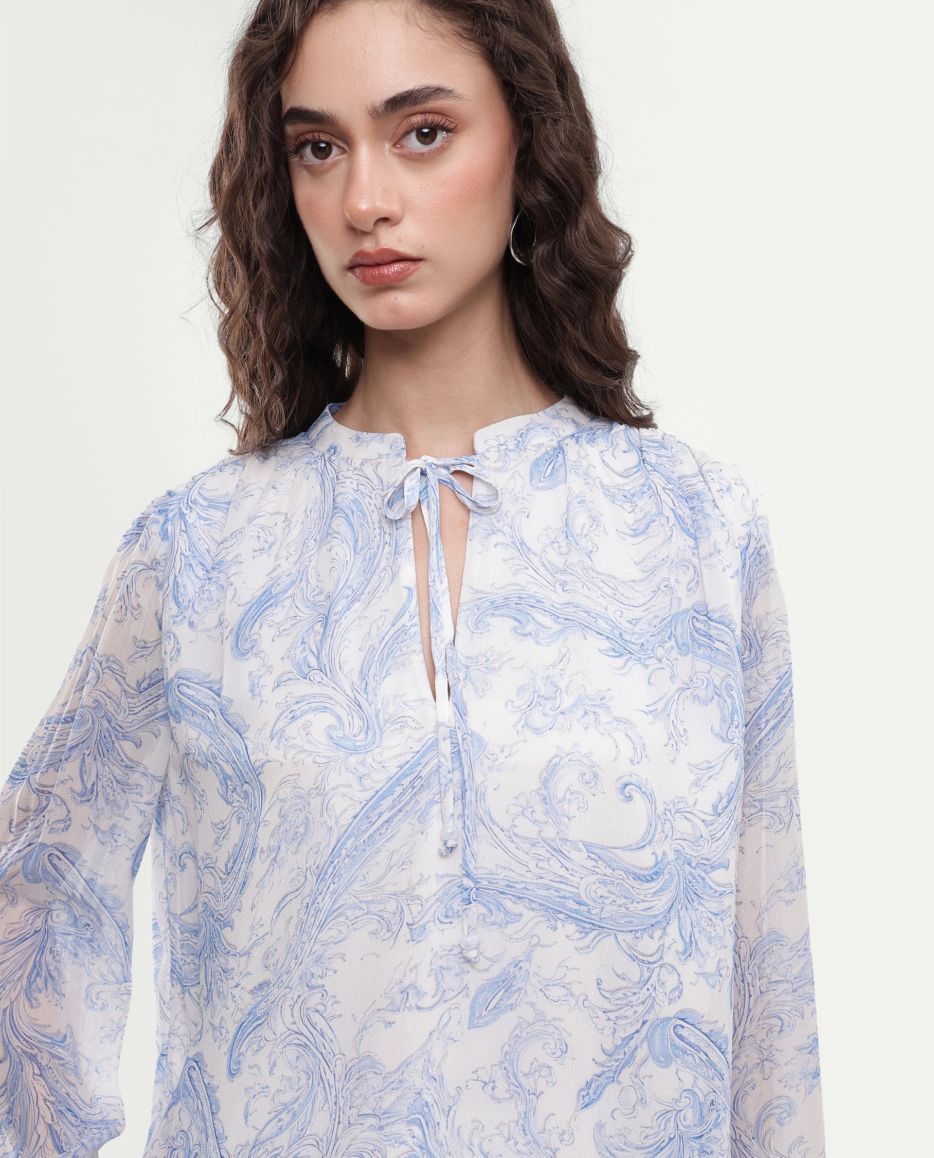 Rareism Women's Flip Light Blue Viscose Tie-Up Relaxed Fit Paisley Print Top