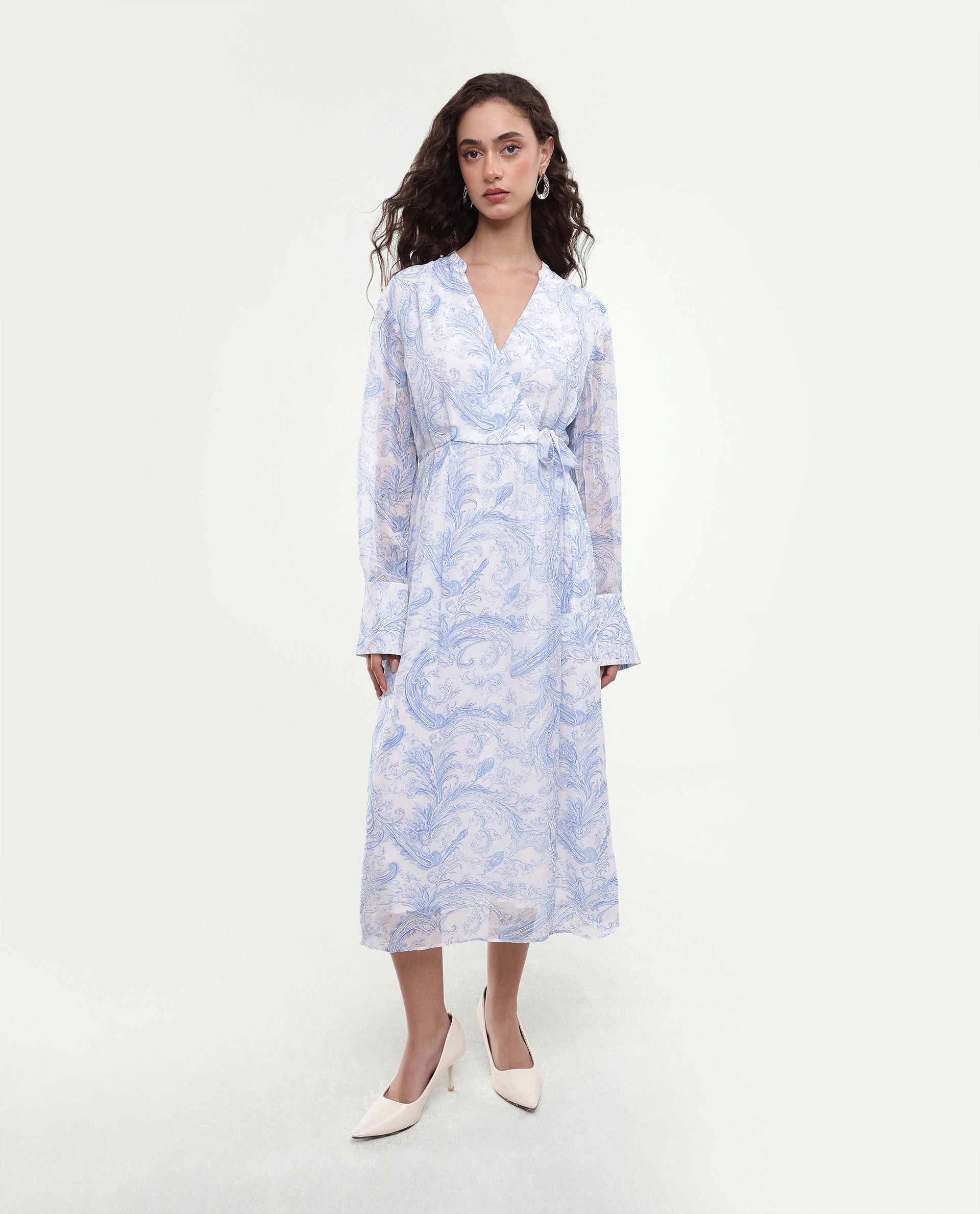 Rareism Women's Flipy Light Blue Viscose Tie-Up Wrap Paisley Print Dress