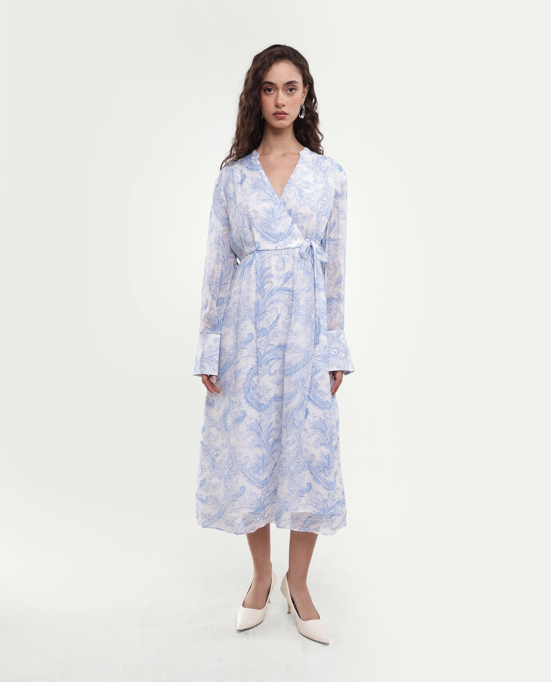 Rareism Women's Flipy Light Blue Viscose Tie-Up Wrap Paisley Print Dress