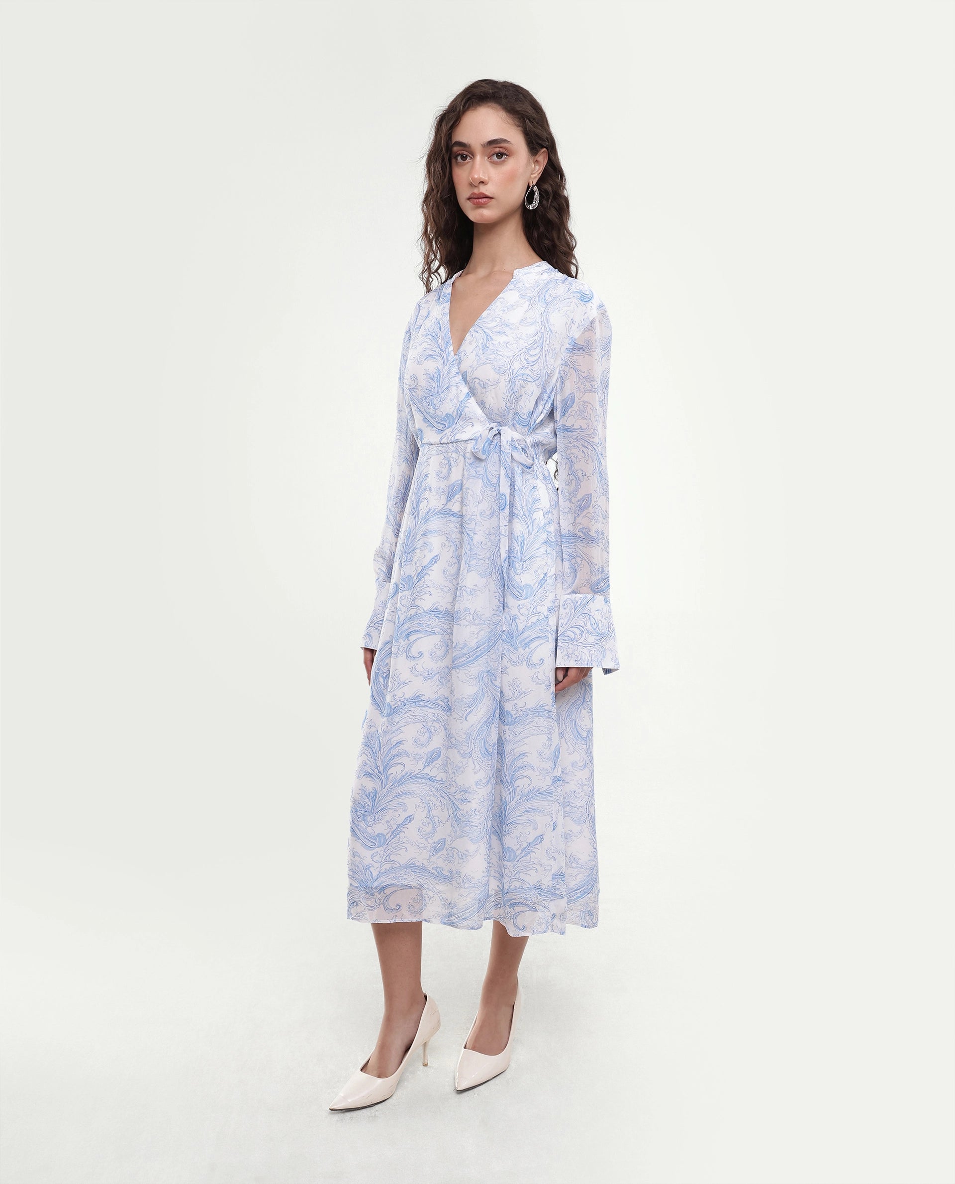 Rareism Women's Flipy Light Blue Viscose Tie-Up Wrap Paisley Print Dress