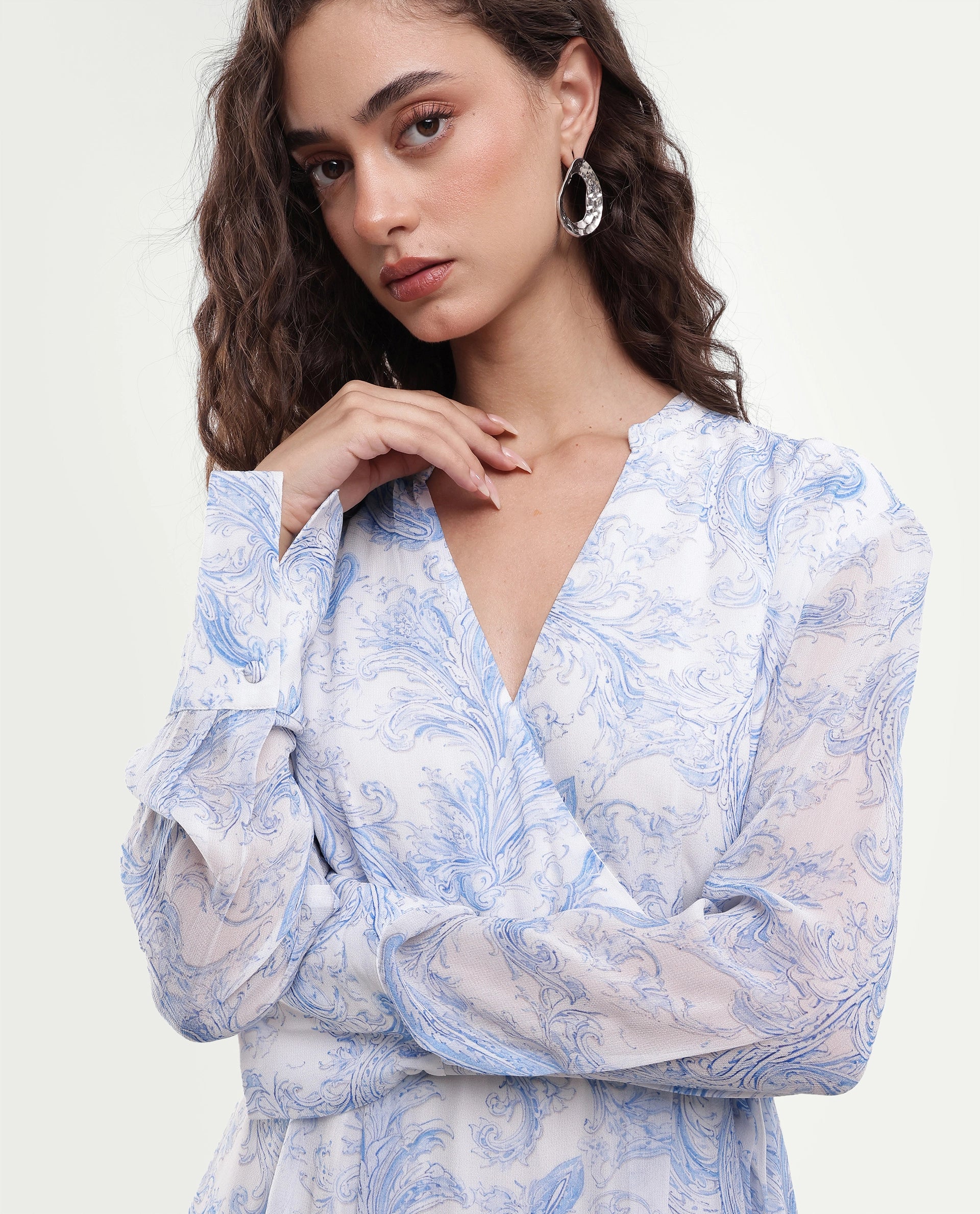 Rareism Women's Flipy Light Blue Viscose Tie-Up Wrap Paisley Print Dress