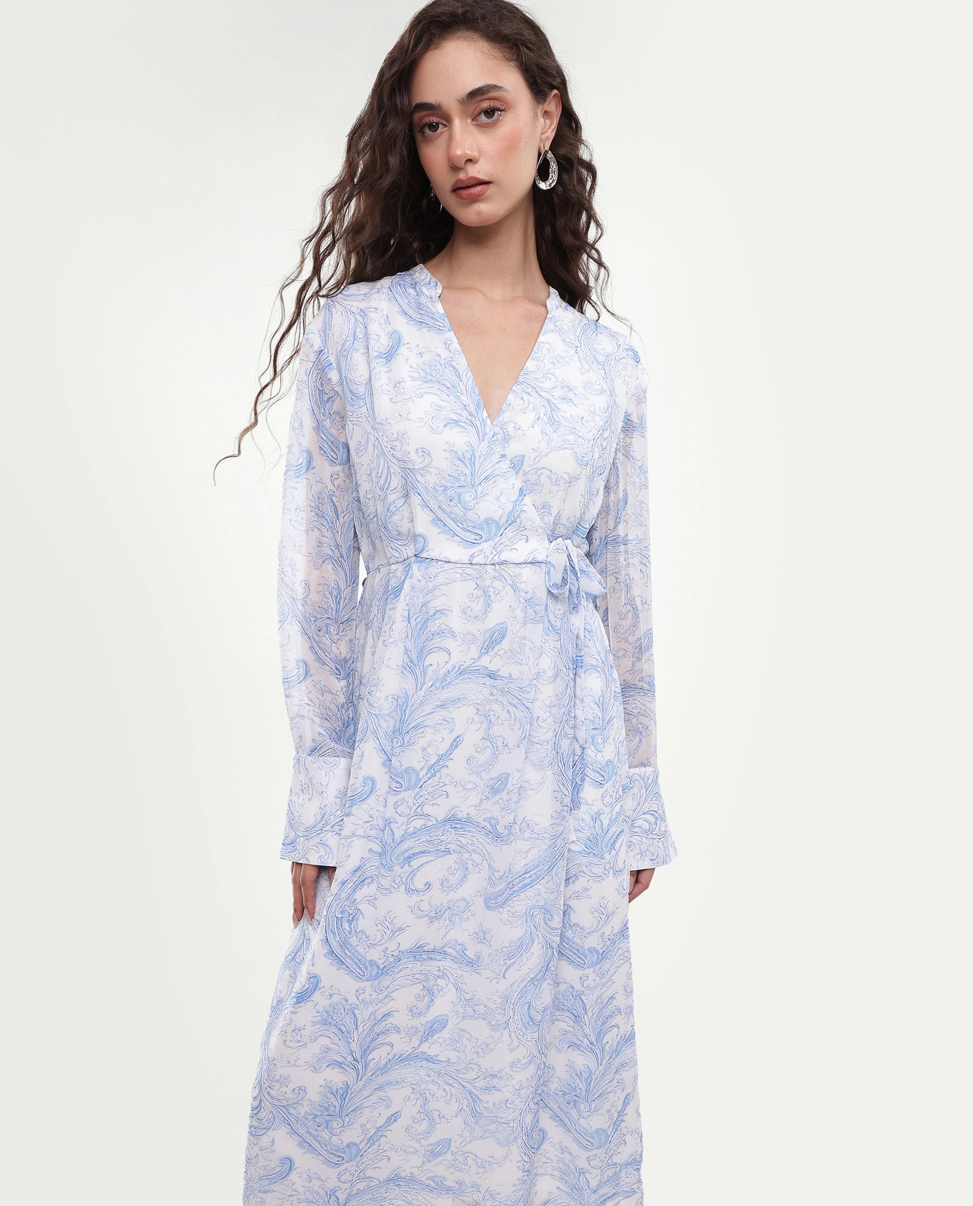 Rareism Women's Flipy Light Blue Viscose Tie-Up Wrap Paisley Print Dress
