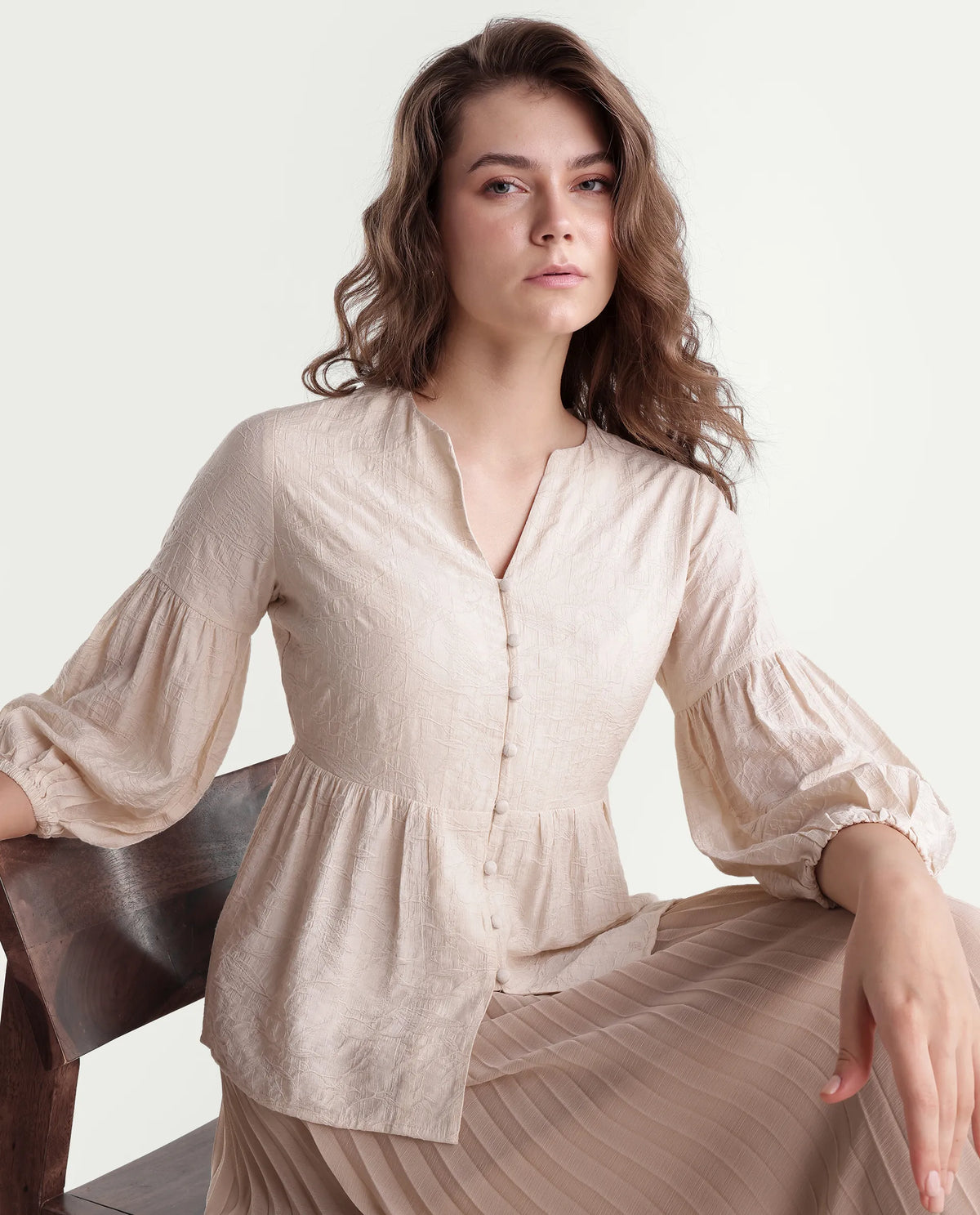 Rareism Women's Flun Light Beige Viscose Blend Button Peplum Jacquard Top