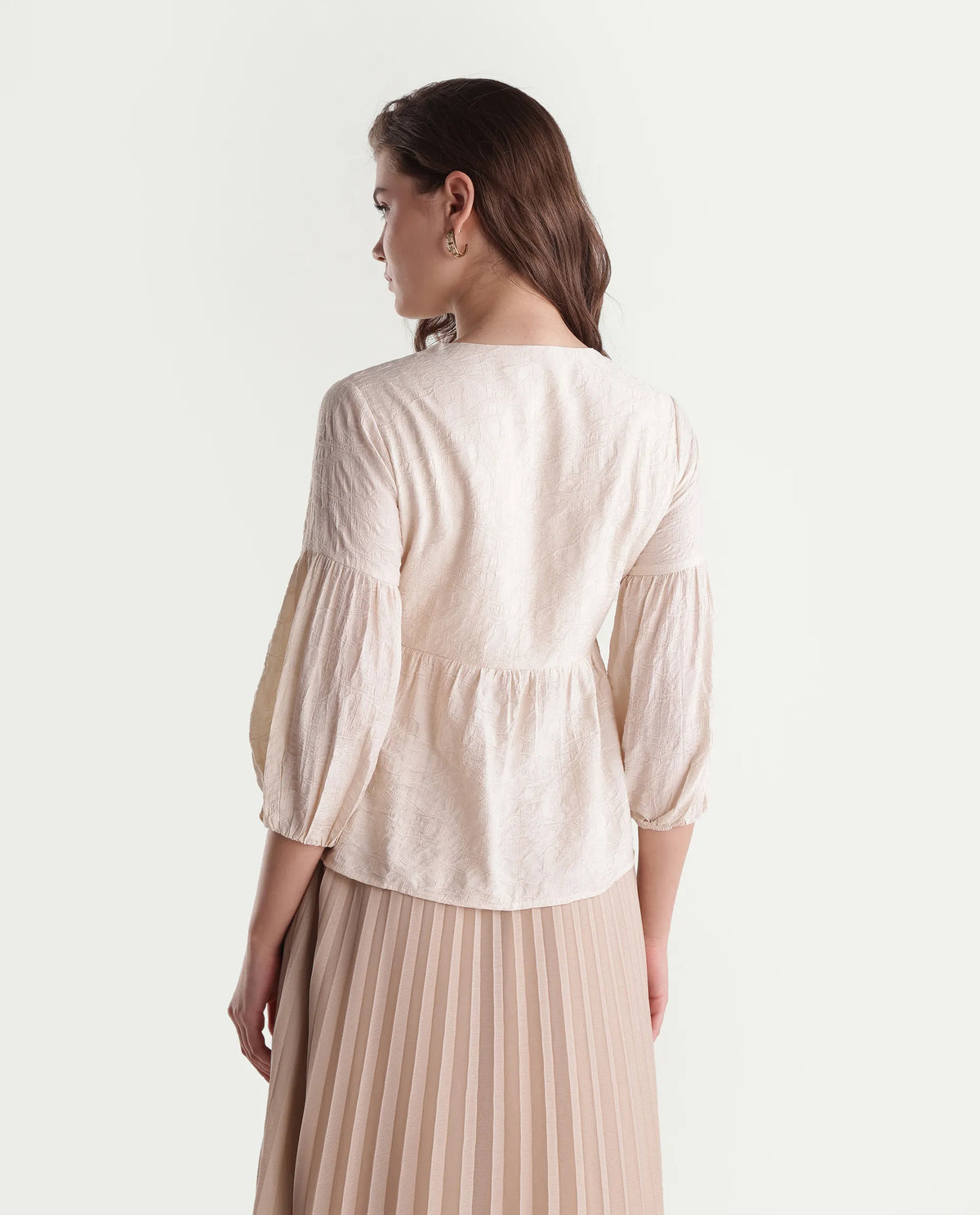 Rareism Women's Flun Light Beige Viscose Blend Button Peplum Jacquard Top