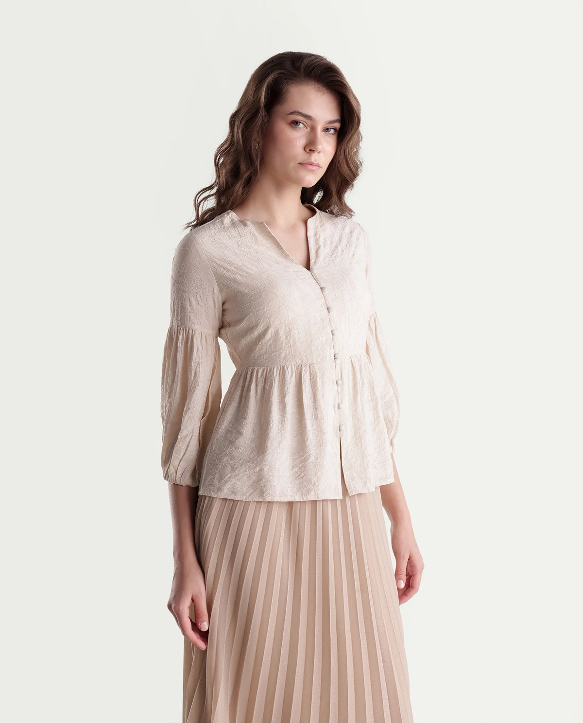 Rareism Women's Flun Light Beige Viscose Blend Button Peplum Jacquard Top