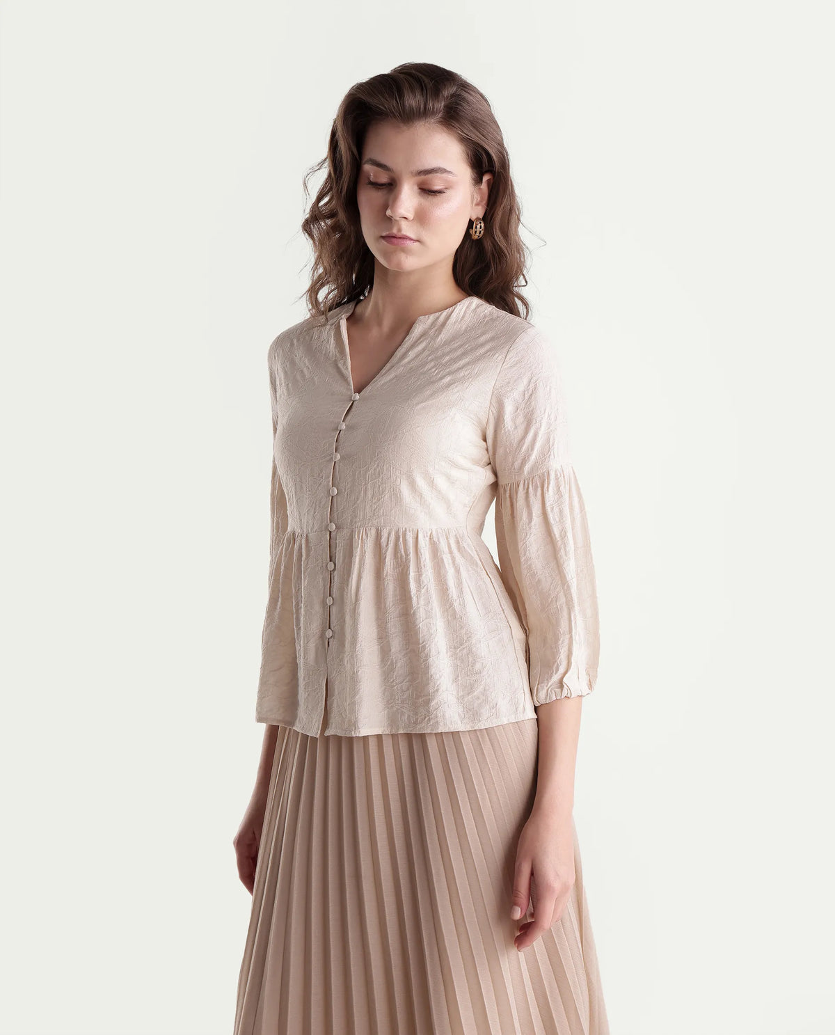 Rareism Women's Flun Light Beige Viscose Blend Button Peplum Jacquard Top